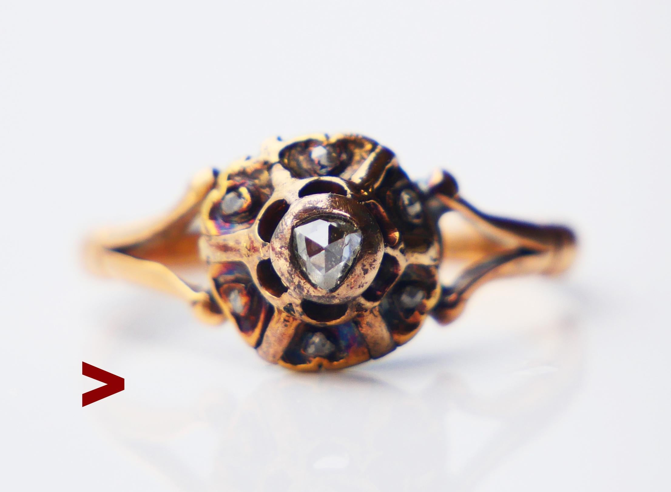 
Old Ring with open - work  convex pyramid shaped crown set with seven rose cut Diamonds. 

Likely German Ring, hand - made ca. early 19th century. No hallmarks, metal tested solid 18K Gold.

 Crown 8.5 mm x 6.5cm deep 

Largest diamond in the