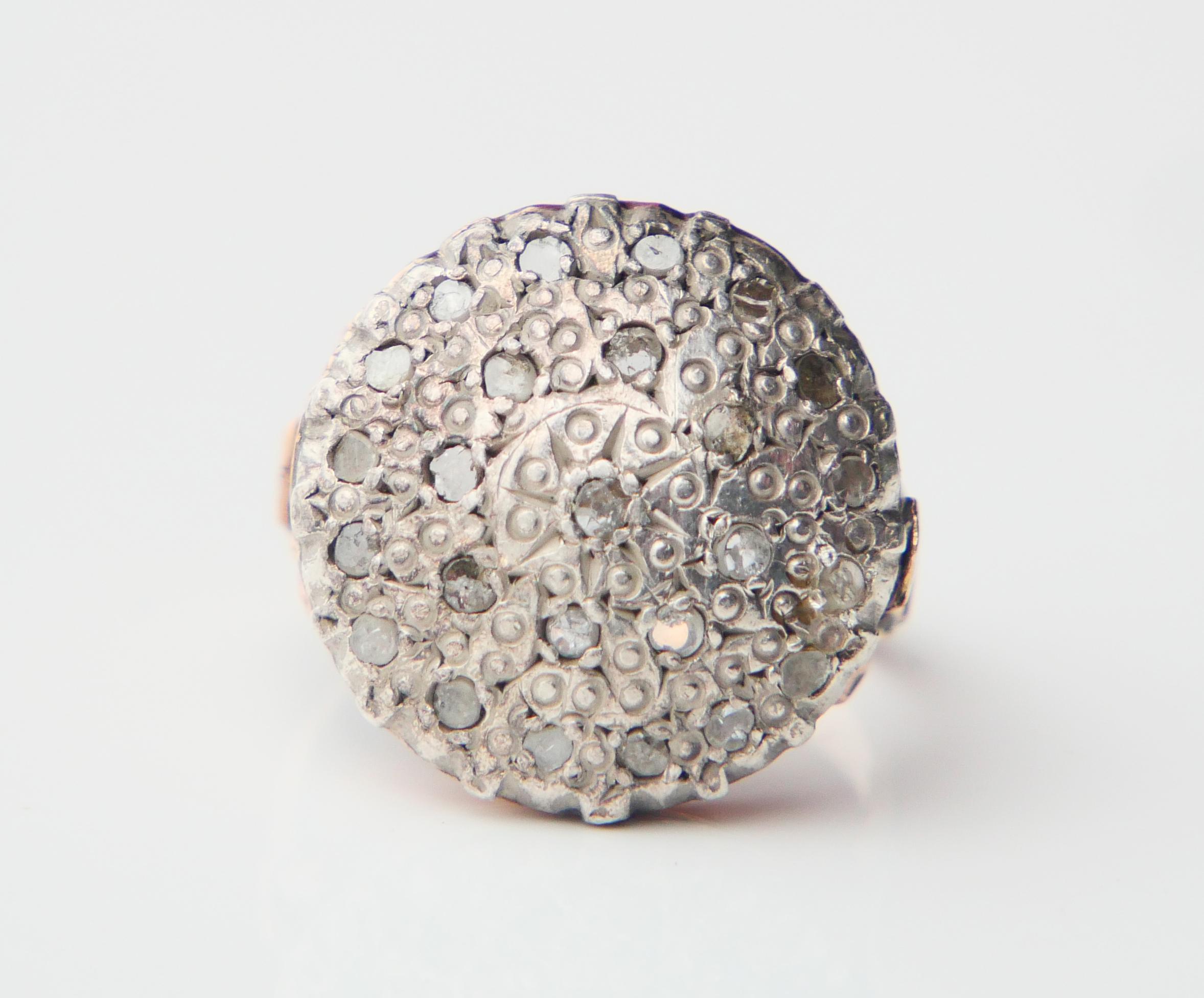 Antique Ring Diamonds solid 9K Yellow Gold Silver Ø 9 US/ 7.2 gr For Sale 7