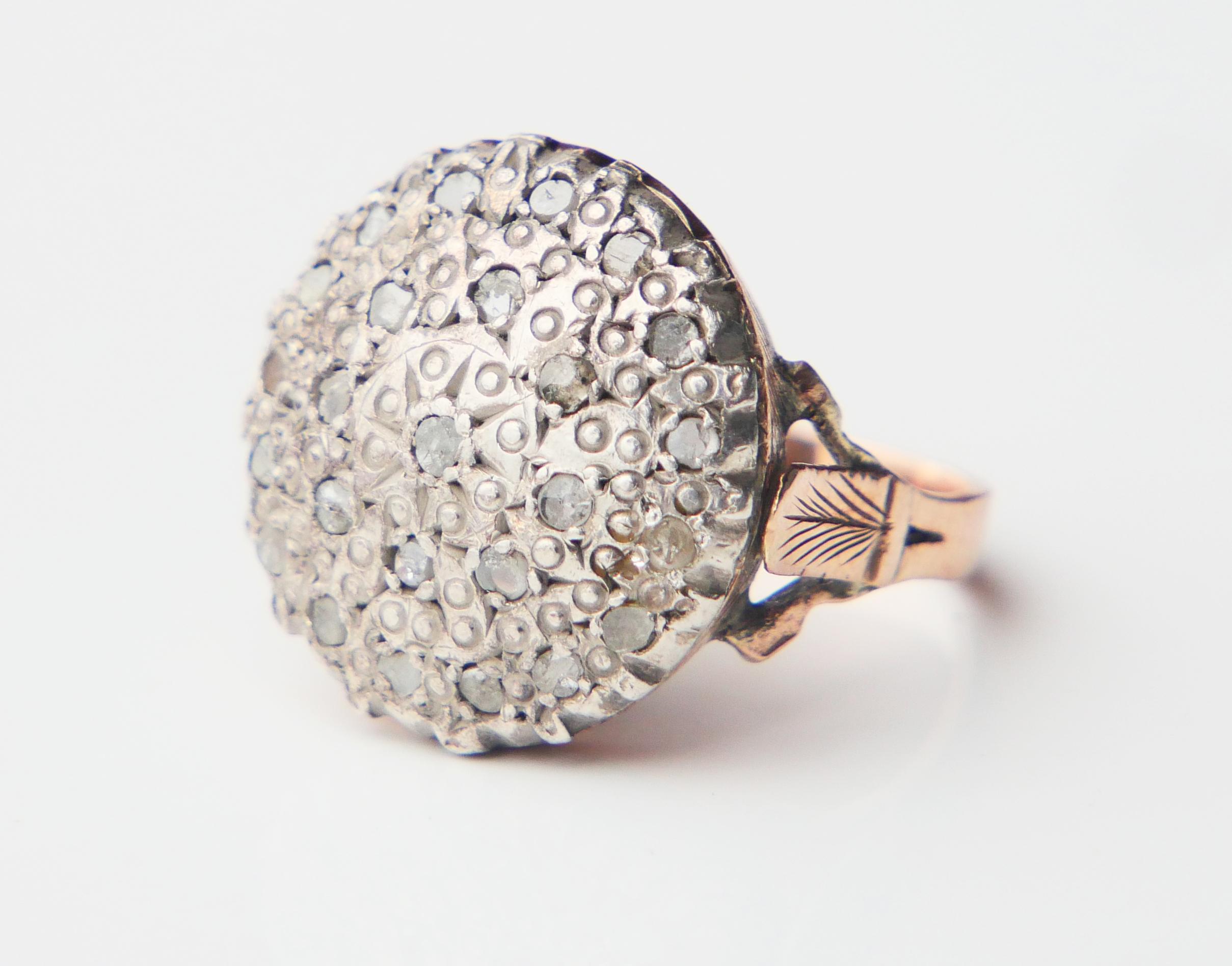 Antique Ring Diamonds solid 9K Yellow Gold Silver Ø 9 US/ 7.2 gr For Sale 8