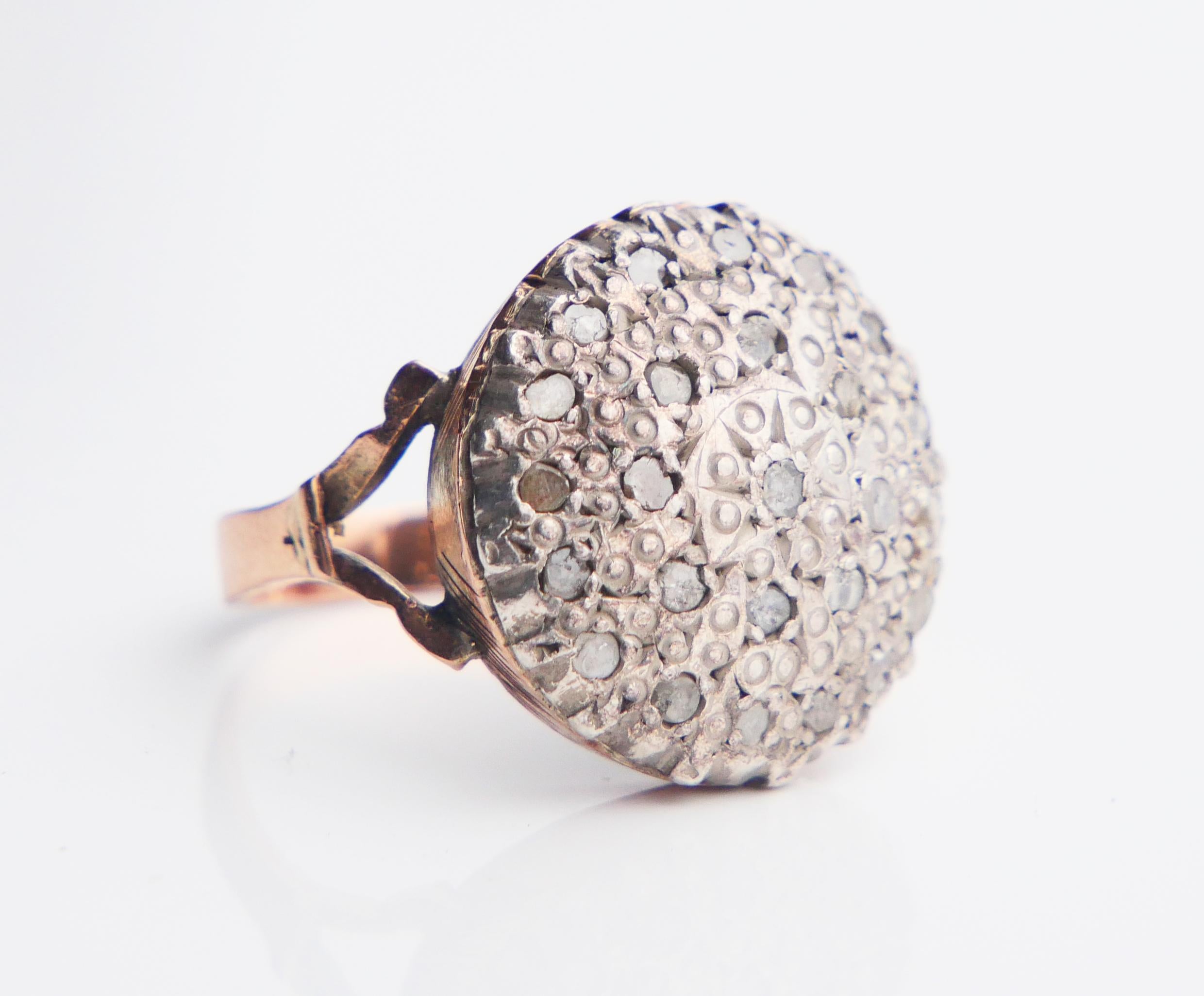 Antique Ring Diamonds solid 9K Yellow Gold Silver Ø 9 US/ 7.2 gr For Sale 9
