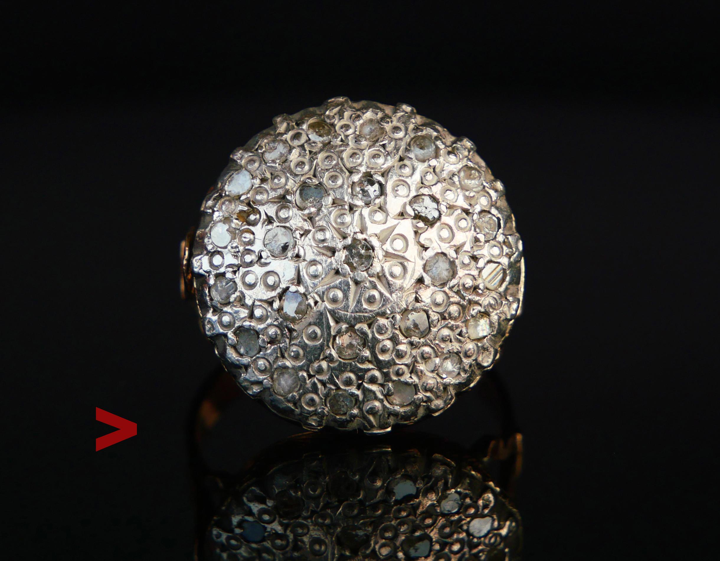 European hand -made 19th cent. ring with dome of the crown in Silver on 9K Rose Gold holding 24 rose cut Diamonds average Ø 2 mm / 0. 04ct each , total weight of the stones is ca.0.96 ctw. Half of the stones have backs open, nine stones have closed