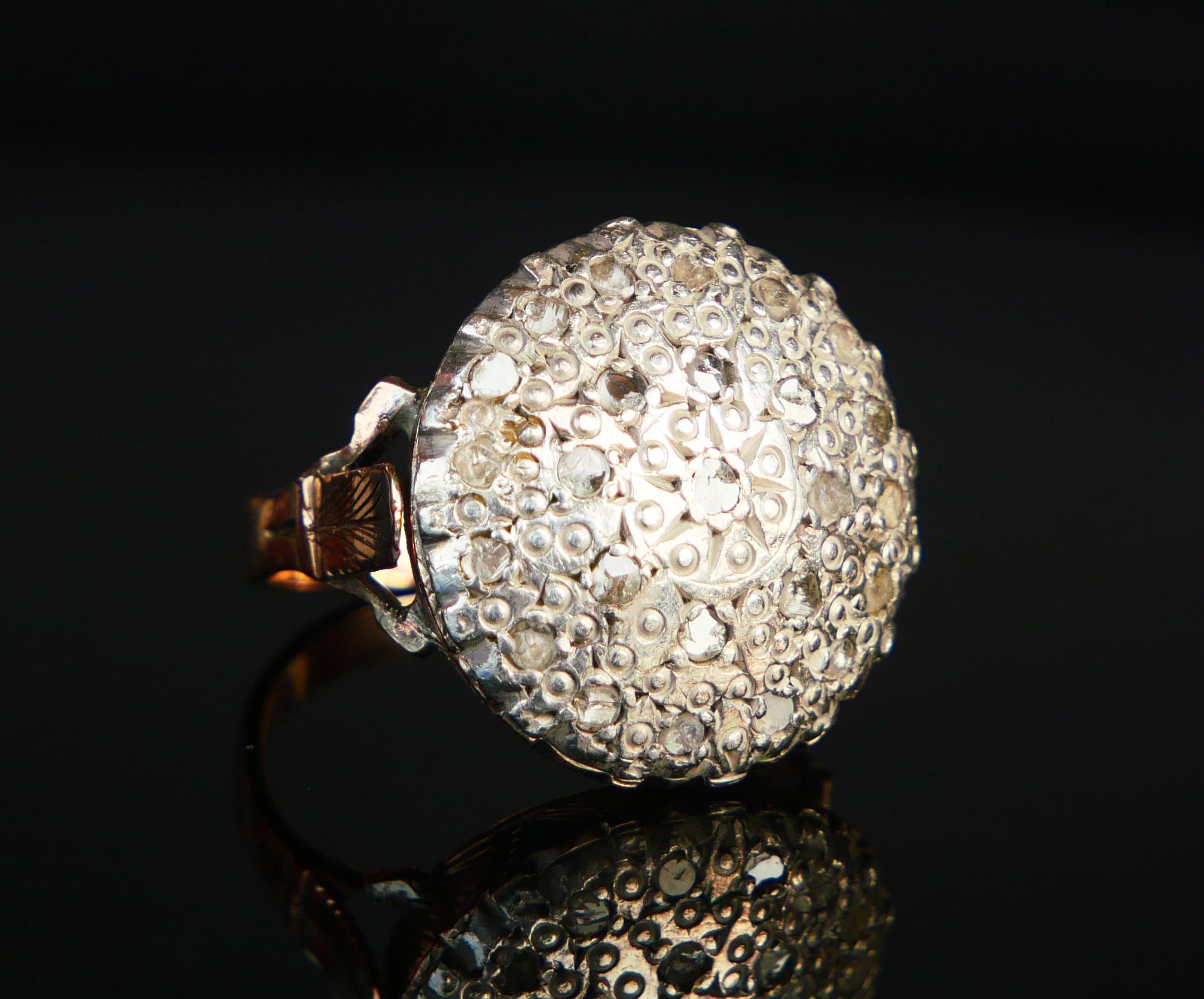 Art Nouveau Antique Ring Diamonds solid 9K Yellow Gold Silver Ø 9 US/ 7.2 gr For Sale