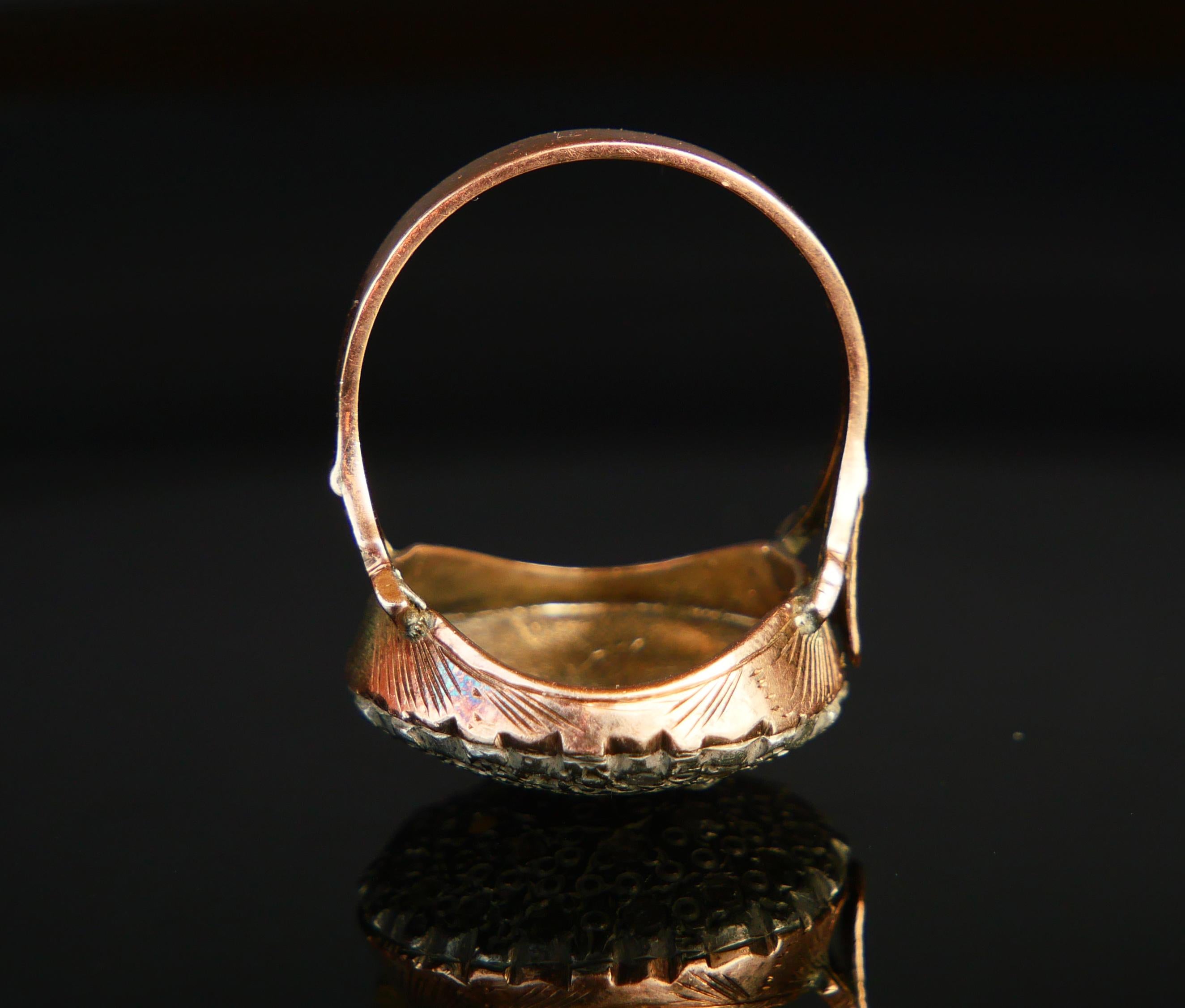 Old European Cut Antique Ring Diamonds solid 9K Yellow Gold Silver Ø 9 US/ 7.2 gr For Sale