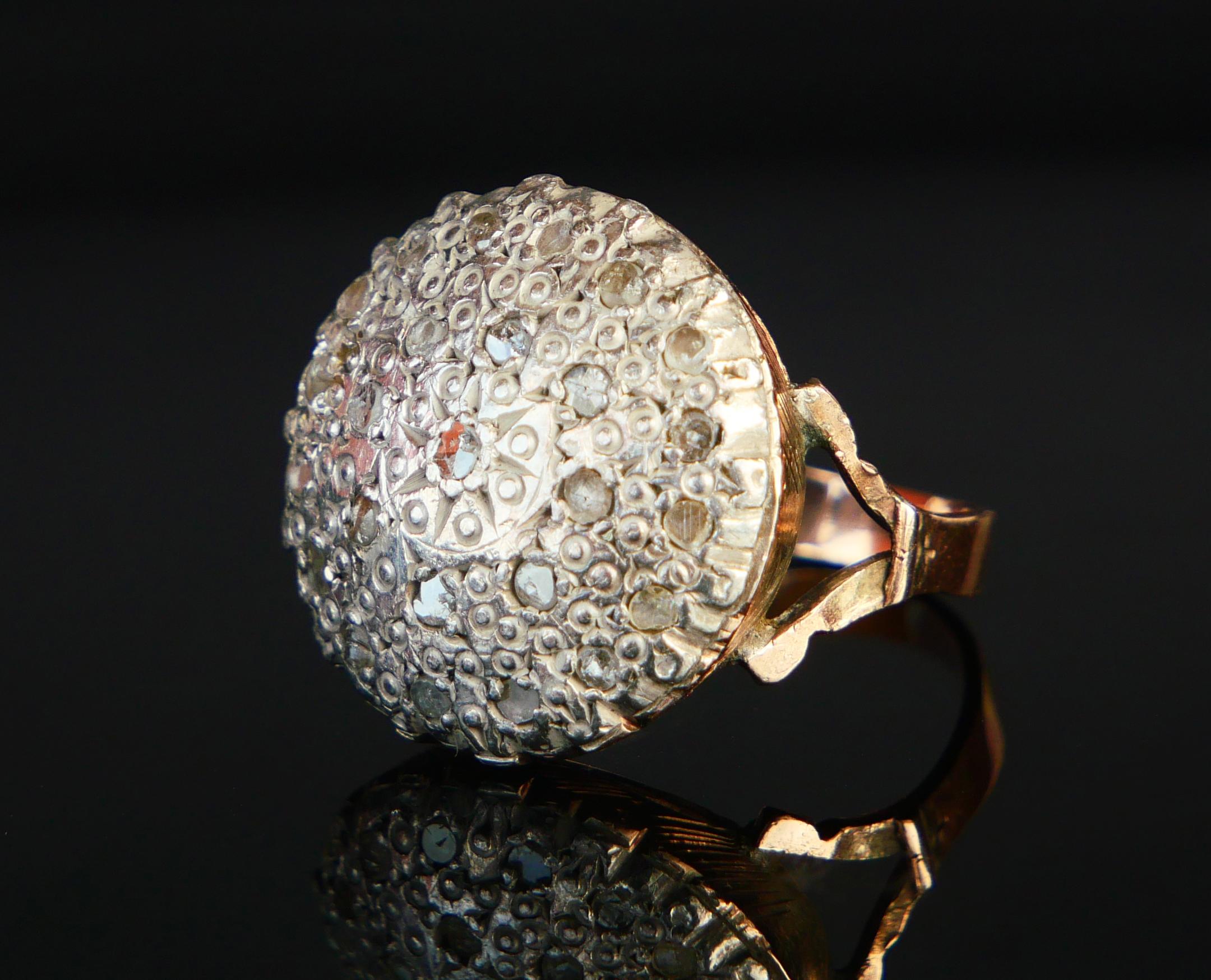 Women's Antique Ring Diamonds solid 9K Yellow Gold Silver Ø 9 US/ 7.2 gr For Sale