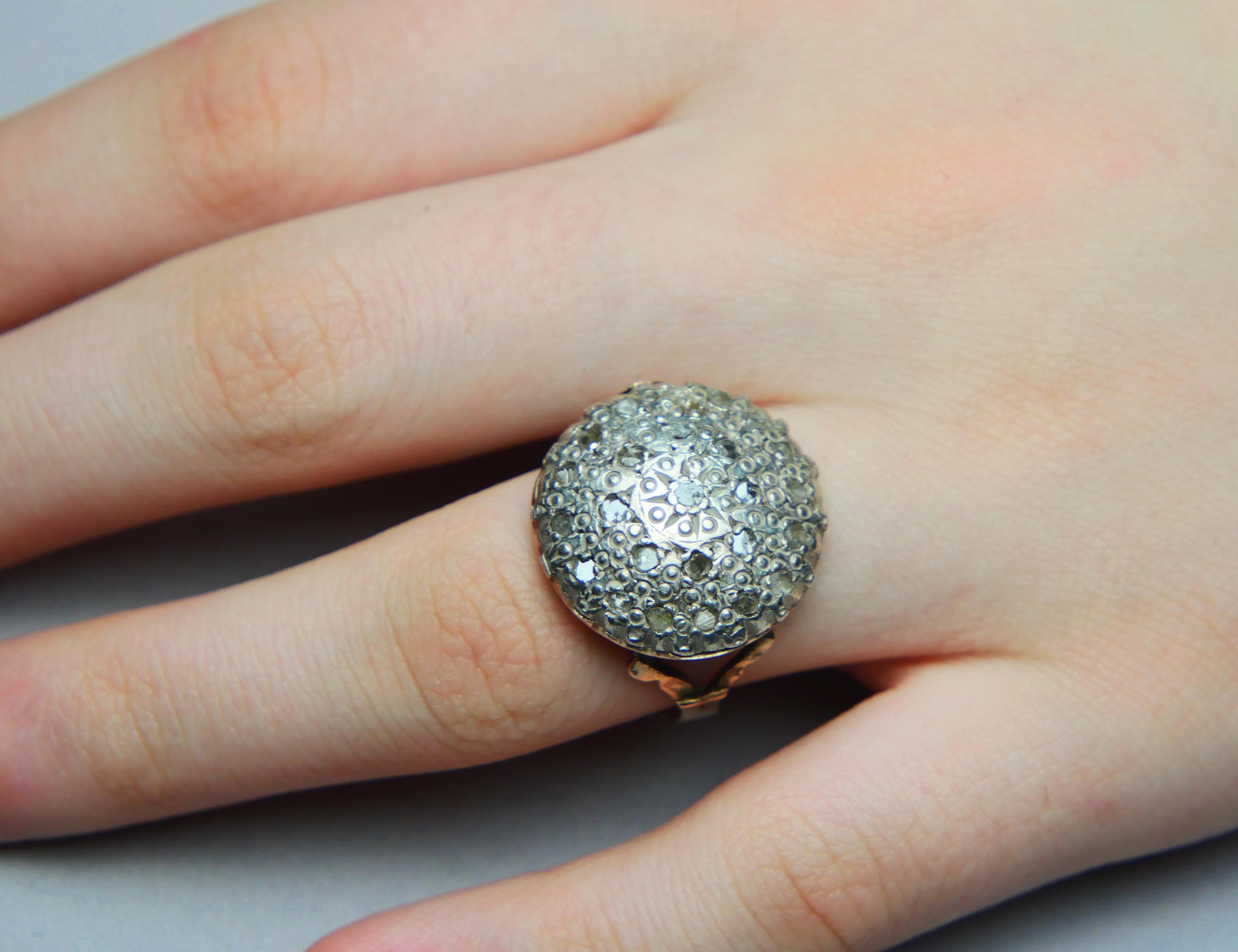 Antique Ring Diamonds solid 9K Yellow Gold Silver Ø 9 US/ 7.2 gr For Sale 2
