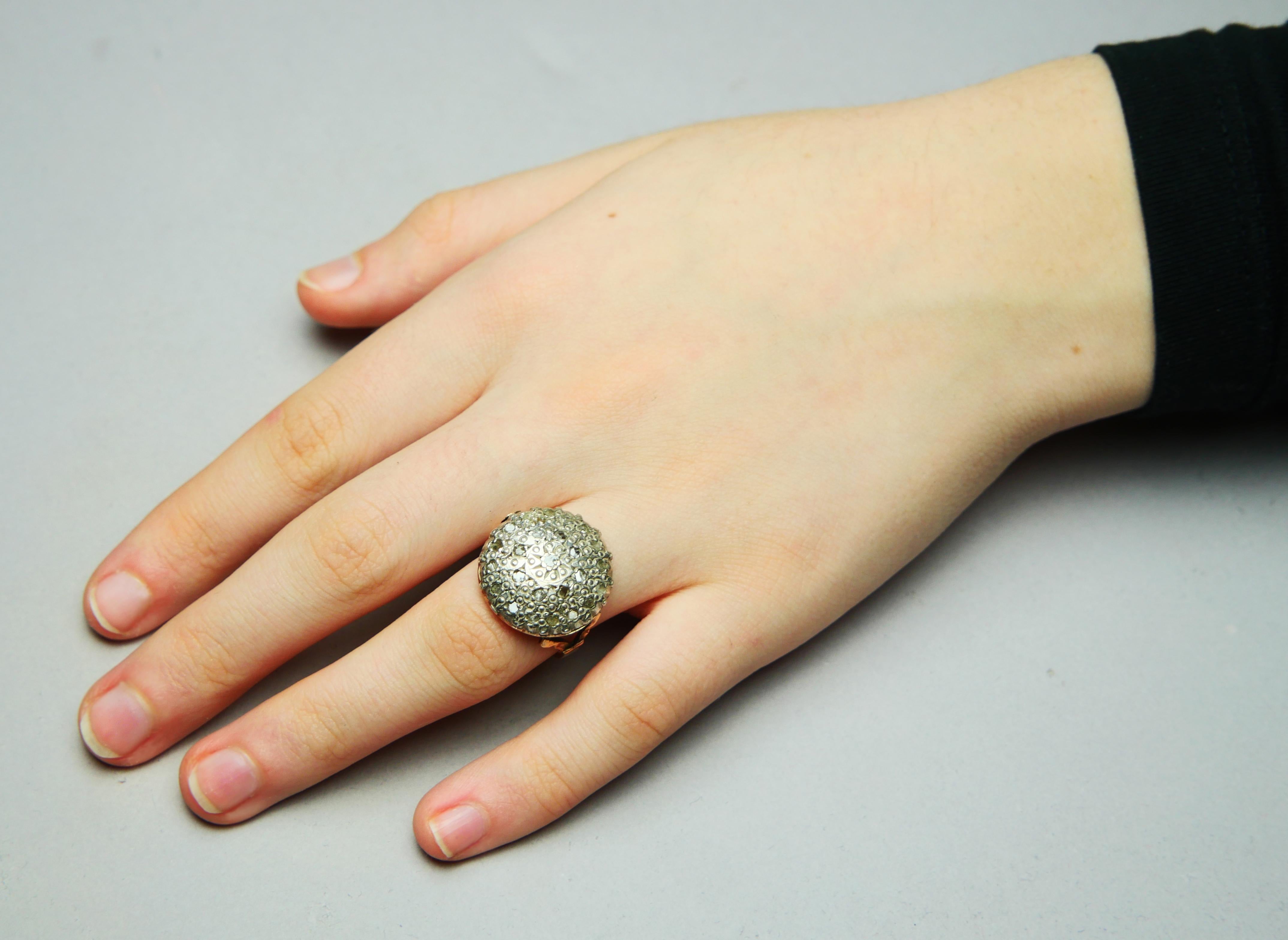 Antique Ring Diamonds solid 9K Yellow Gold Silver Ø 9 US/ 7.2 gr For Sale 3