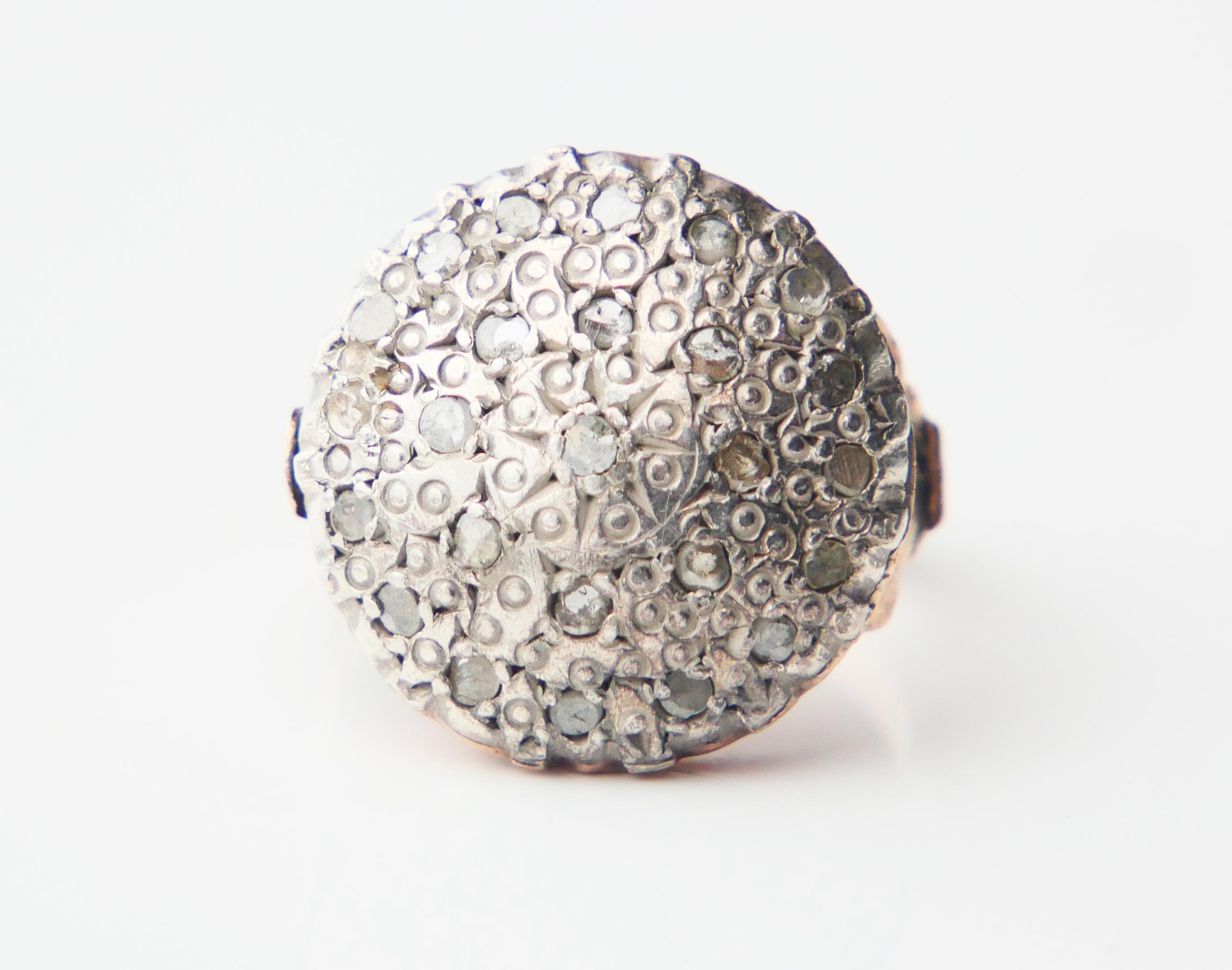 Antique Ring Diamonds solid 9K Yellow Gold Silver Ø 9 US/ 7.2 gr For Sale 4