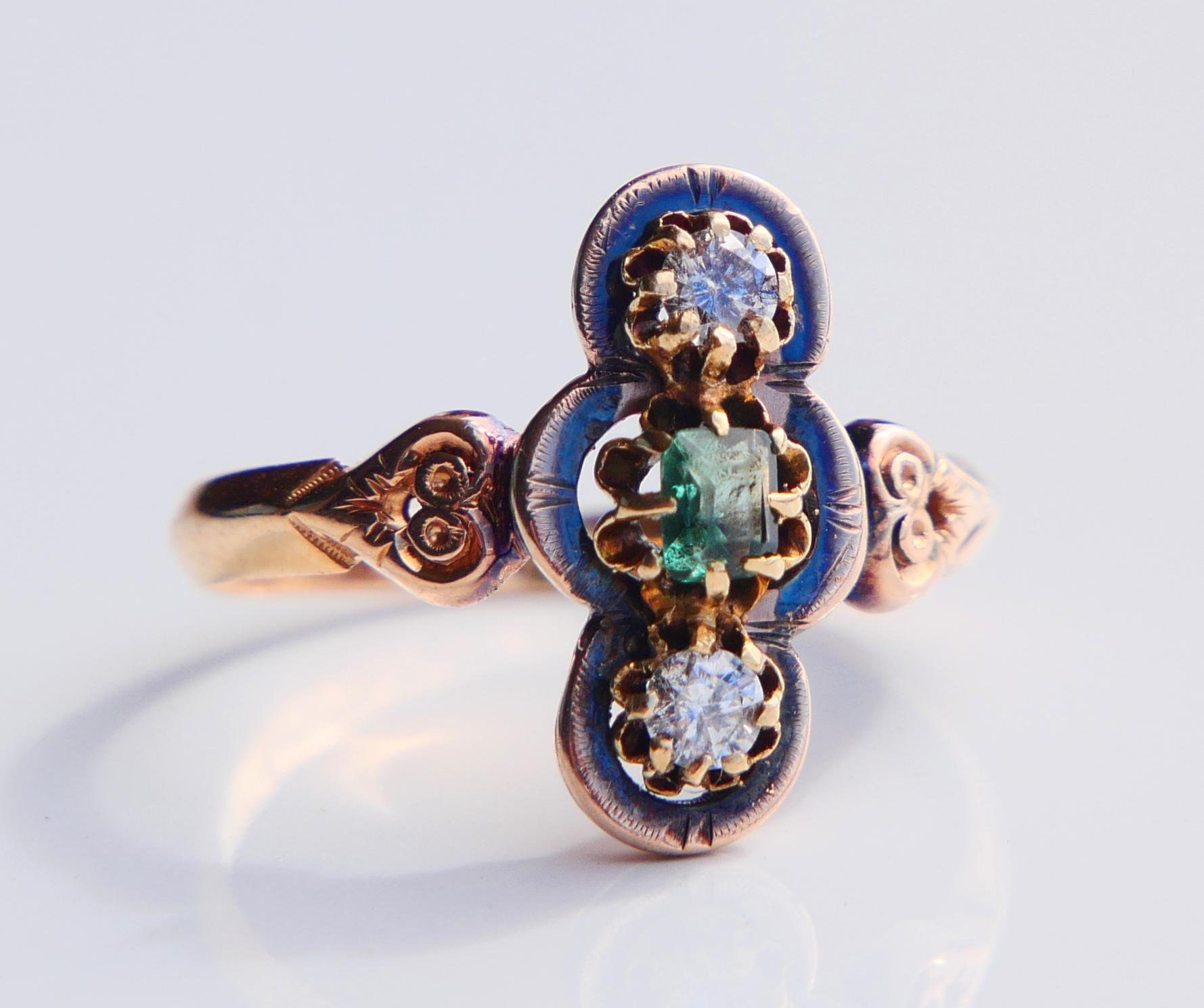 Anello antico con smeraldo e diamanti in oro massiccio 18 carati ØUS6 / 2,4 gr. in vendita 6