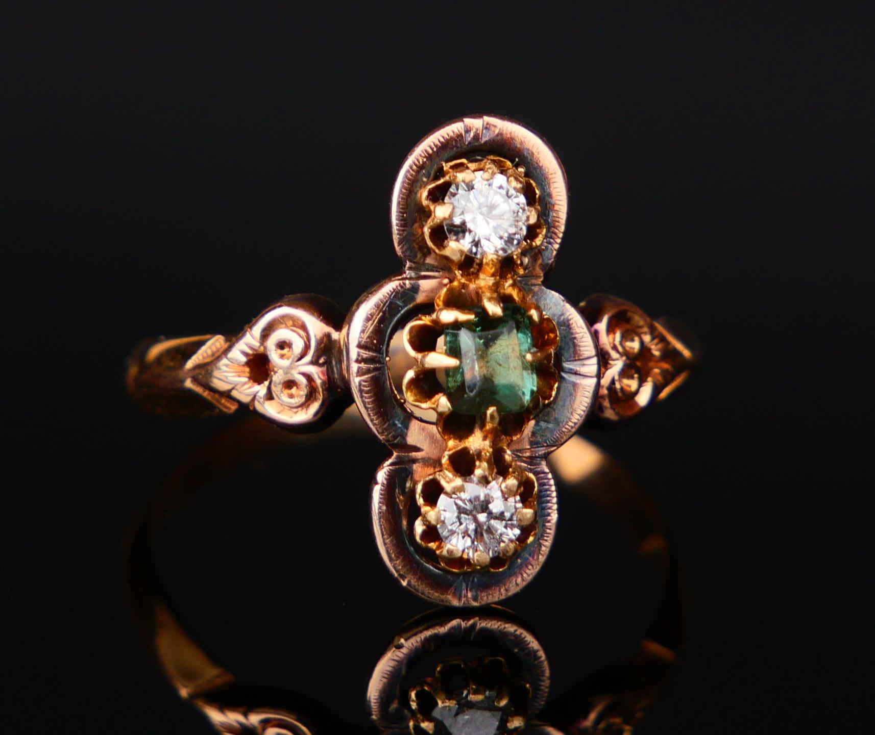 Taglio antico europeo Anello antico con smeraldo e diamanti in oro massiccio 18 carati ØUS6 / 2,4 gr. in vendita