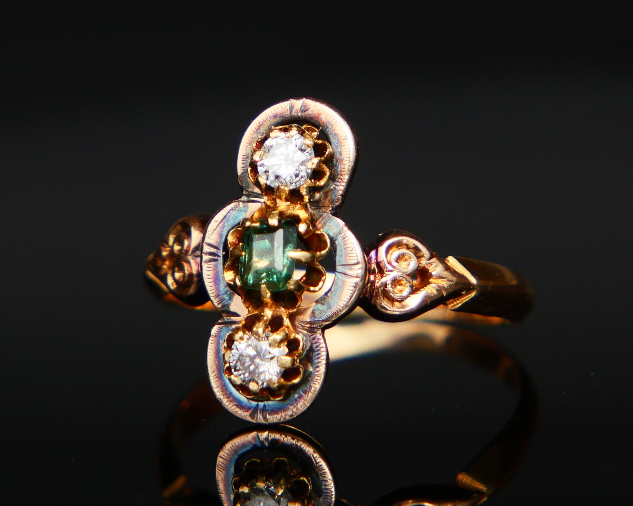 Anello antico con smeraldo e diamanti in oro massiccio 18 carati ØUS6 / 2,4 gr. in vendita 1