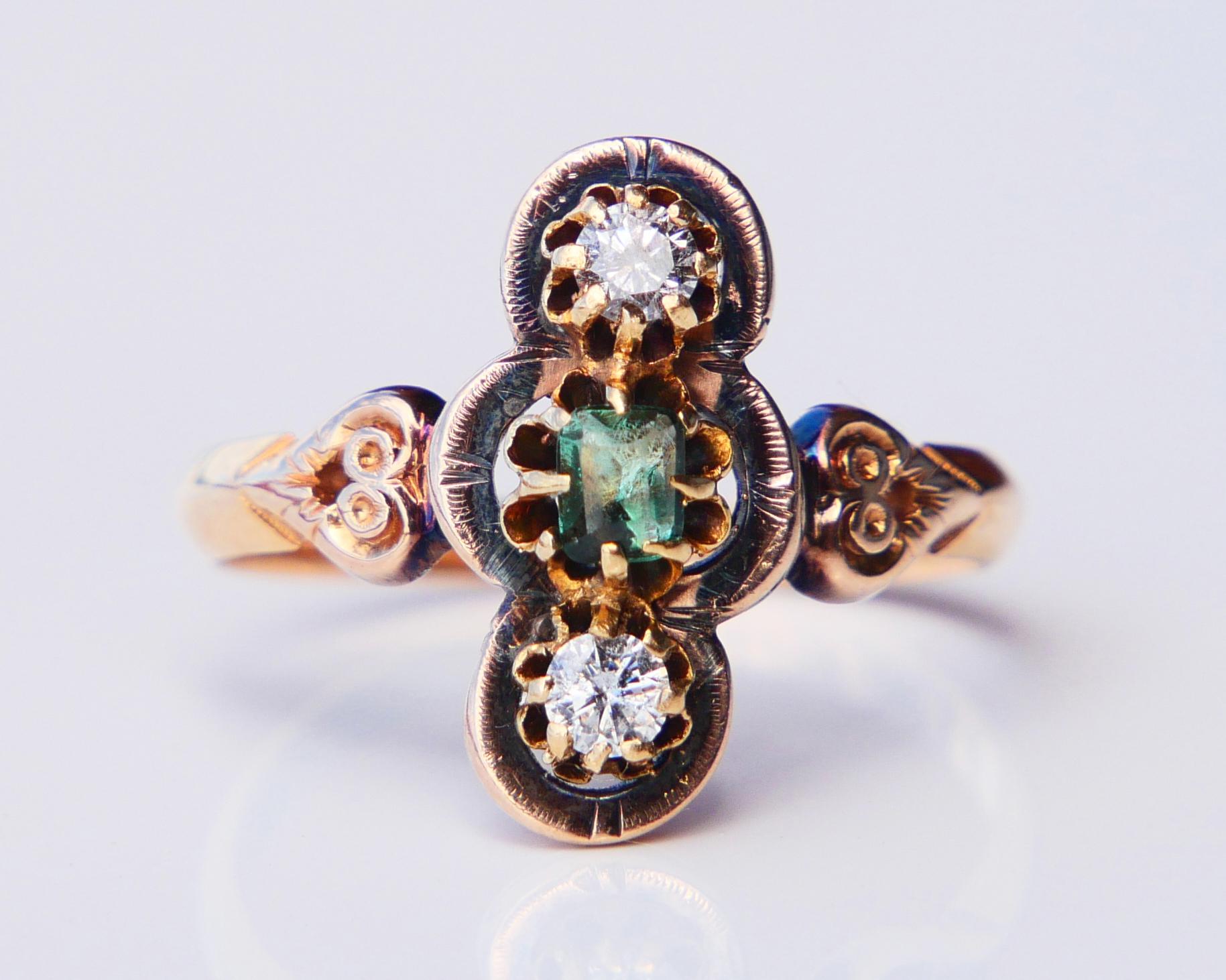 Anello antico con smeraldo e diamanti in oro massiccio 18 carati ØUS6 / 2,4 gr. in vendita 2