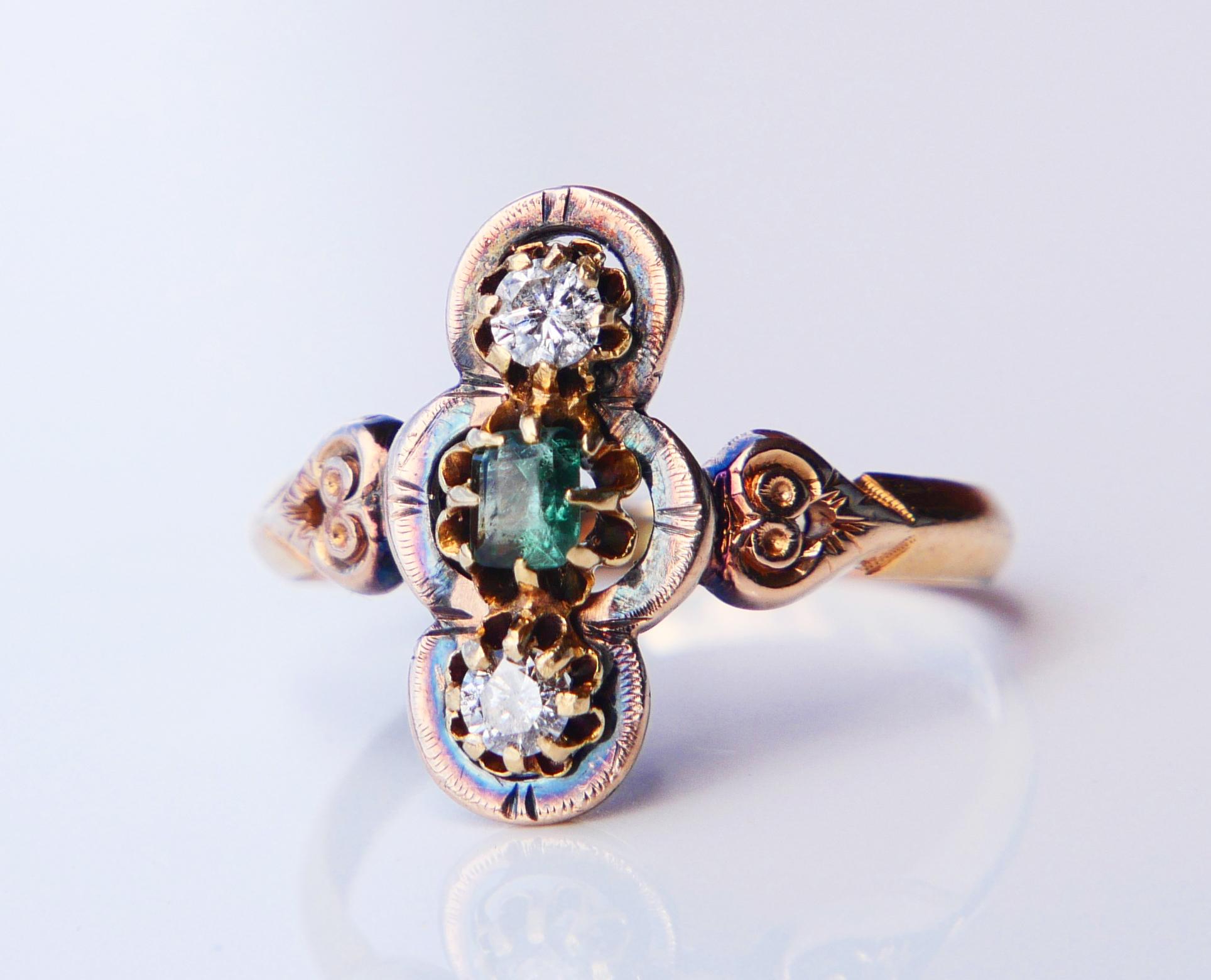 Anello antico con smeraldo e diamanti in oro massiccio 18 carati ØUS6 / 2,4 gr. in vendita 3