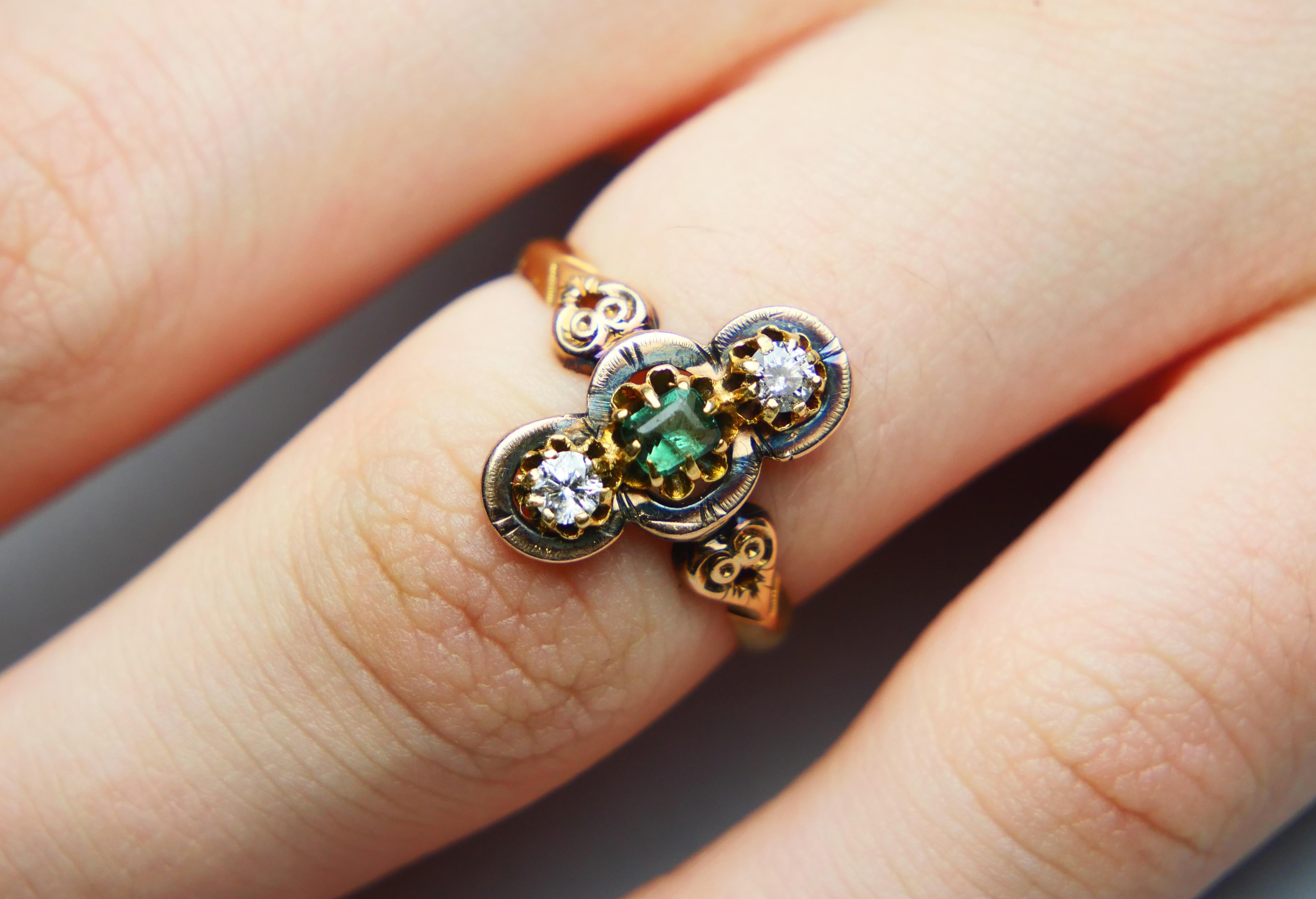 Bague ancienne Emeraude Diamants or massif 18K ØUS6 / 2.4 gr en vente 3