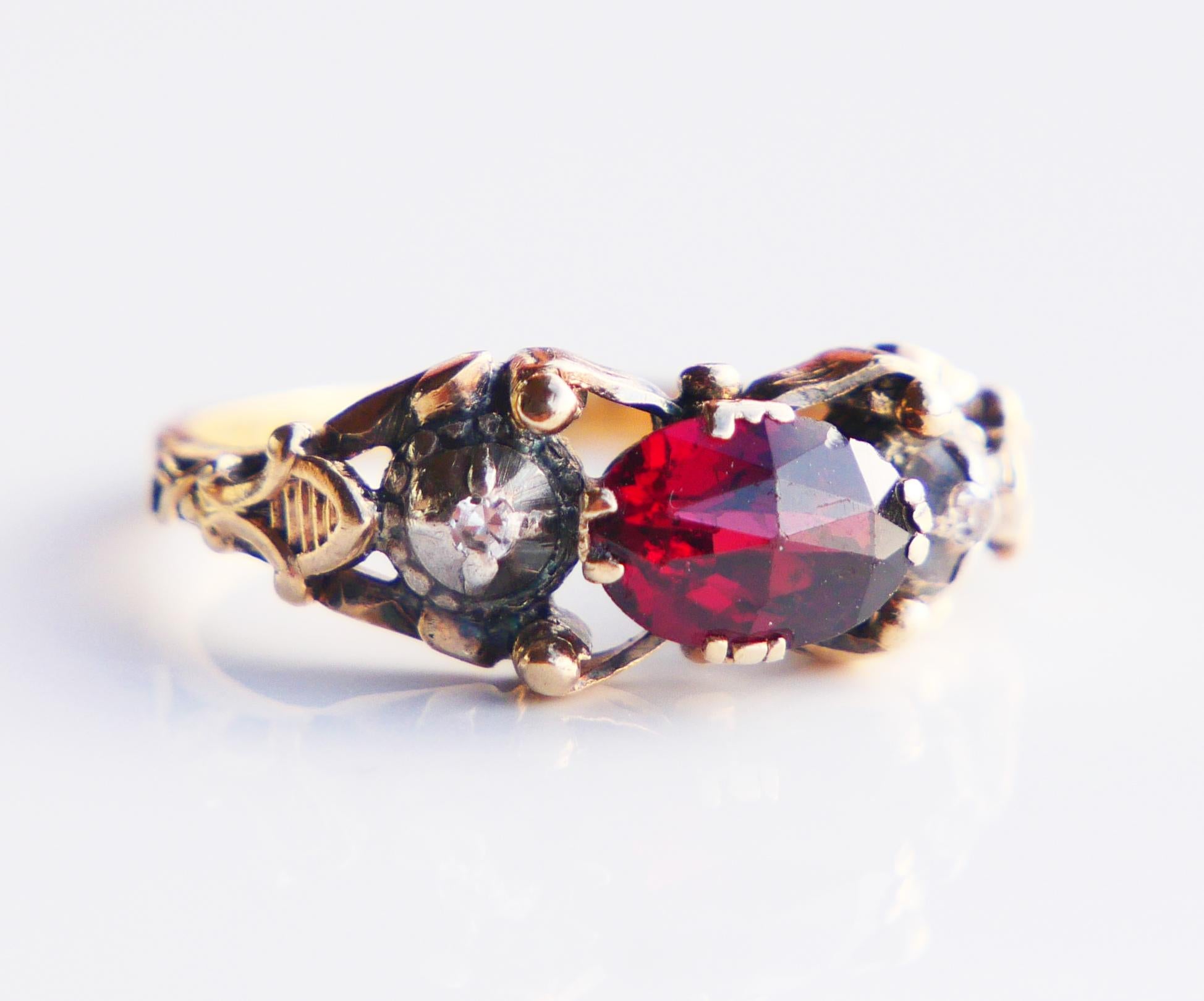 Antique Ring Garnet Diamonds solid 18K Gold Silver ØUS6 / 3.28gr For Sale 6