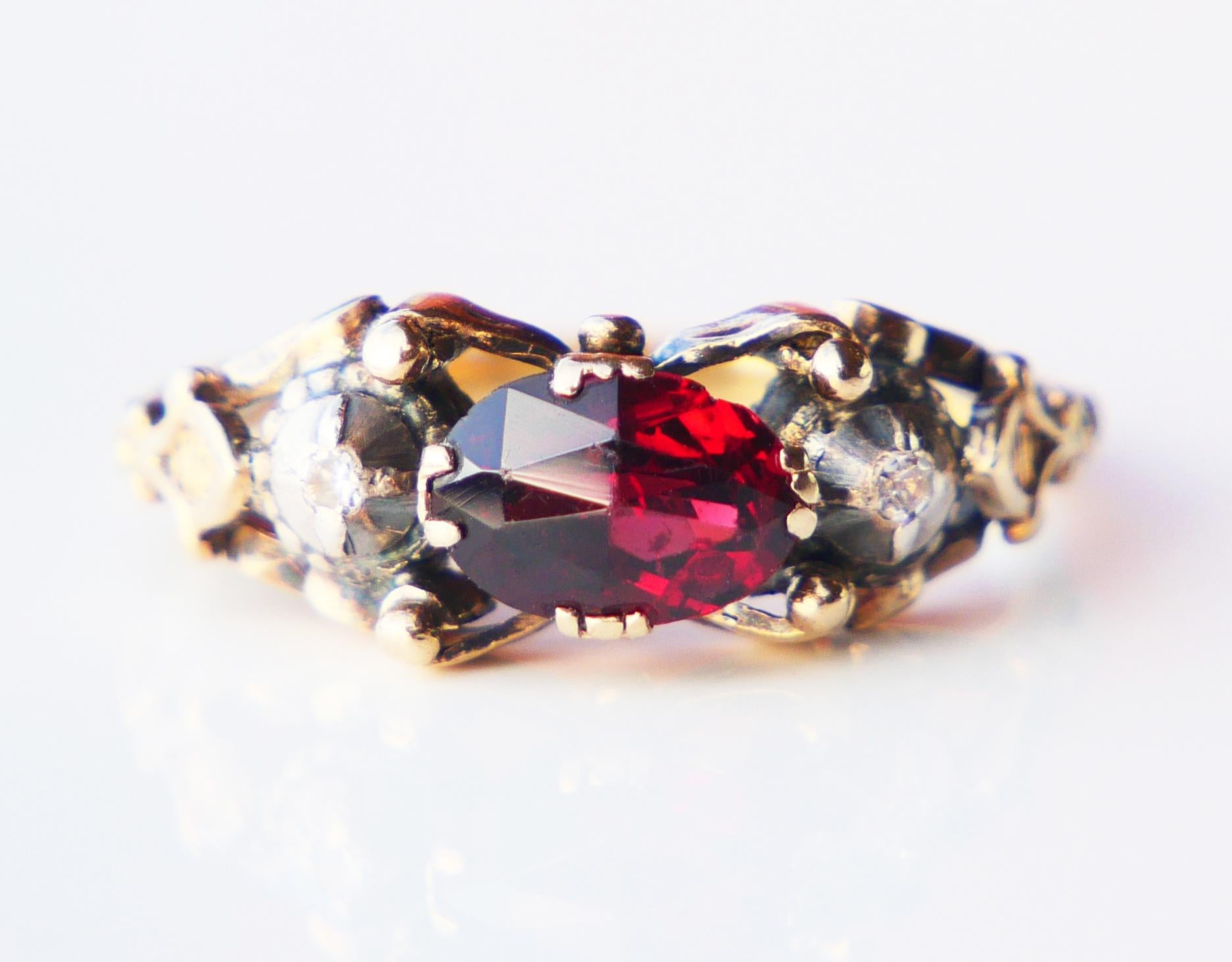 Antique Ring Garnet Diamonds solid 18K Gold Silver ØUS6 / 3.28gr For Sale 7