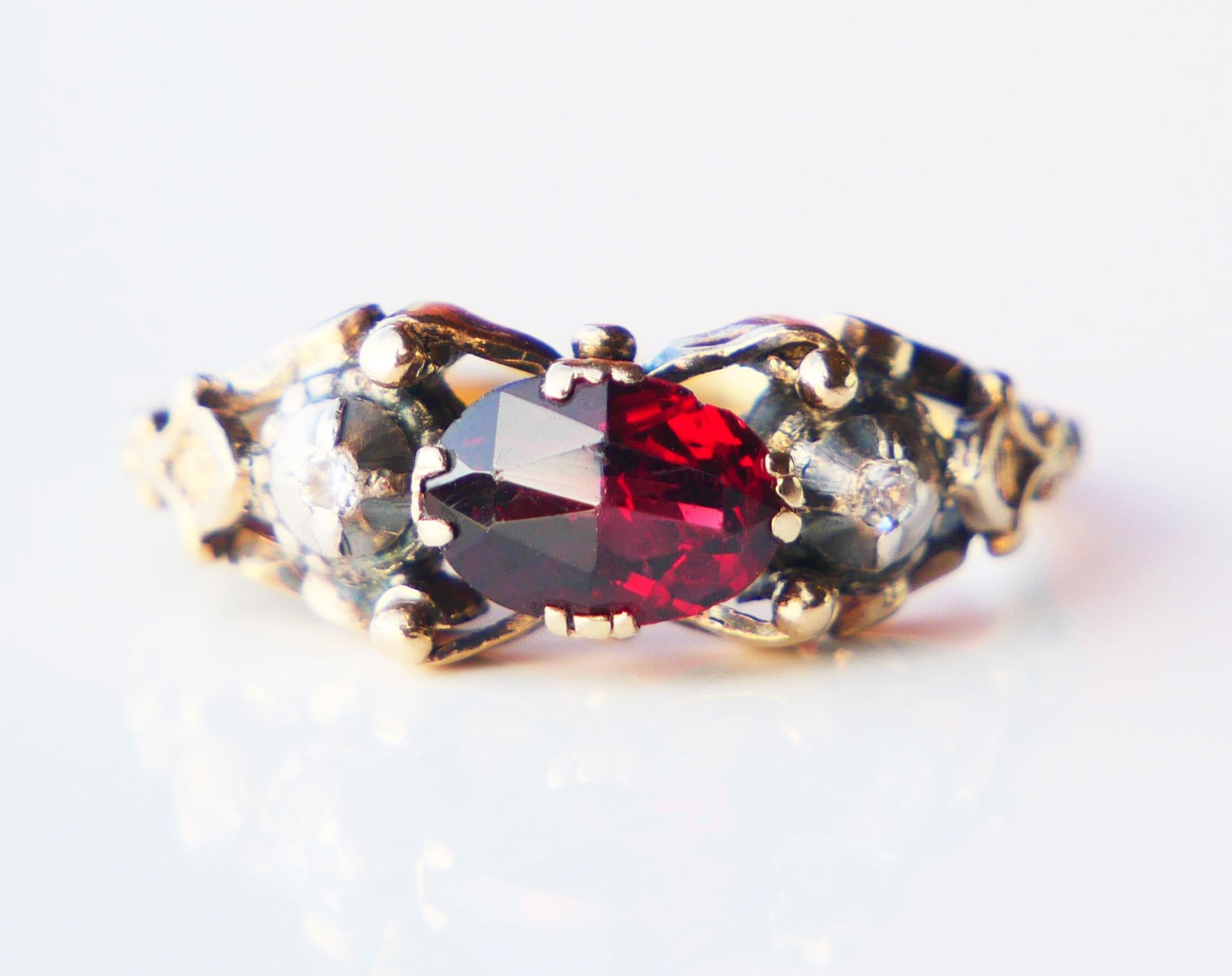 Antique Ring Garnet Diamonds solid 18K Gold Silver ØUS6 / 3.28gr For Sale 8