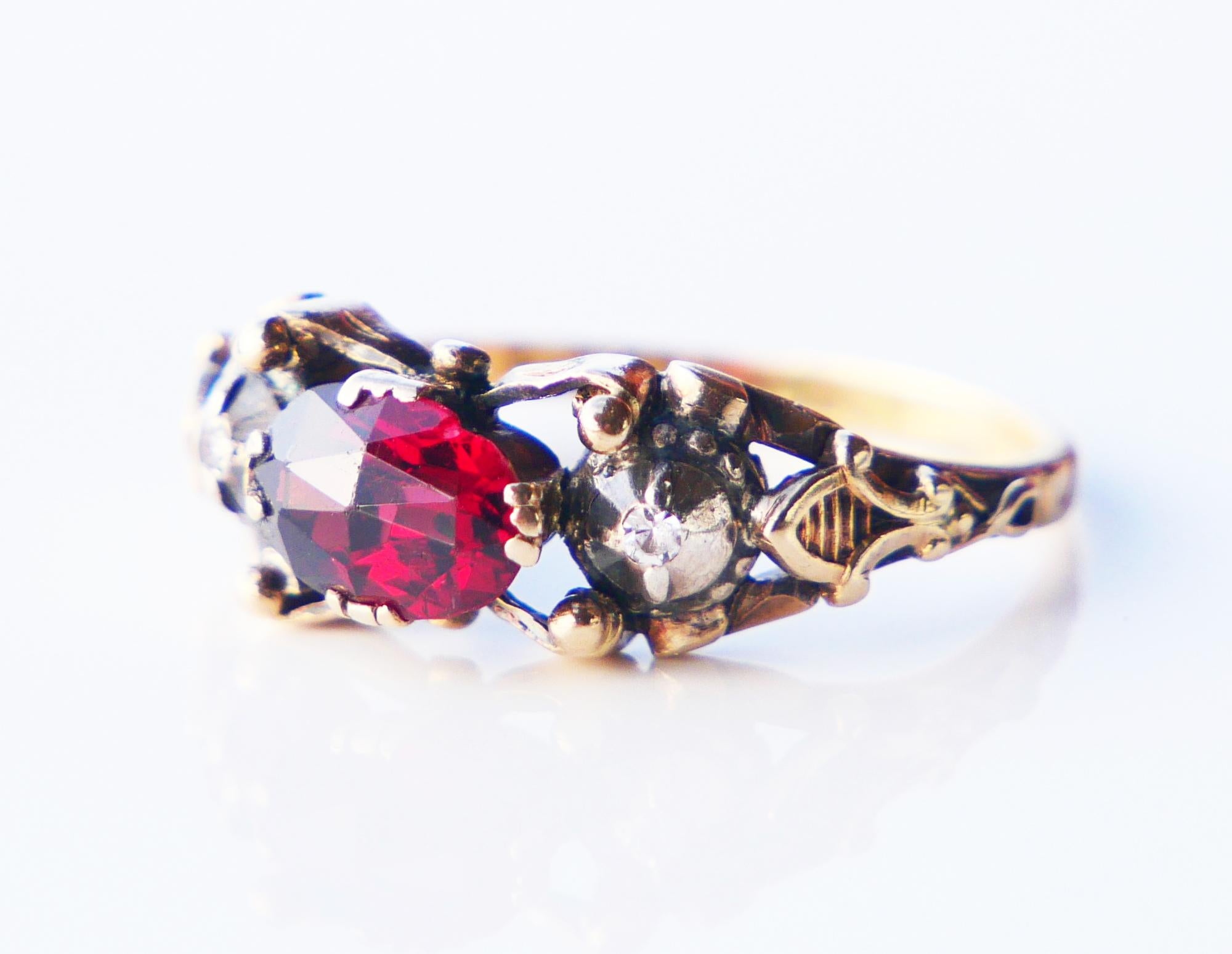 Antique Ring Garnet Diamonds solid 18K Gold Silver ØUS6 / 3.28gr For Sale 10