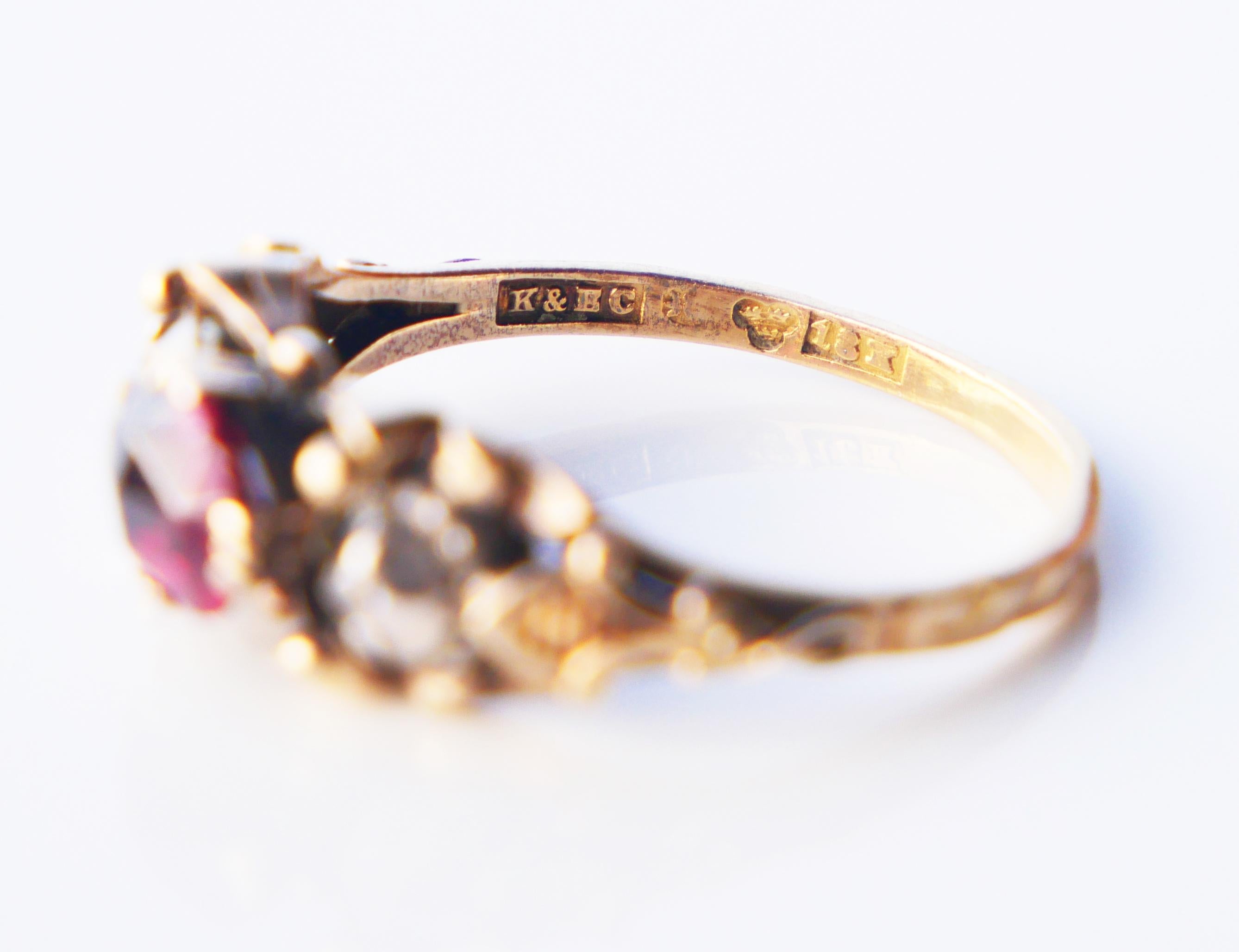 Antique Ring Garnet Diamonds solid 18K Gold Silver ØUS6 / 3.28gr For Sale 11