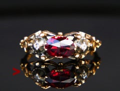 Anillo Antiguo Granate Diamantes macizo Oro 18K Plata ØUS6 / 3.28gr