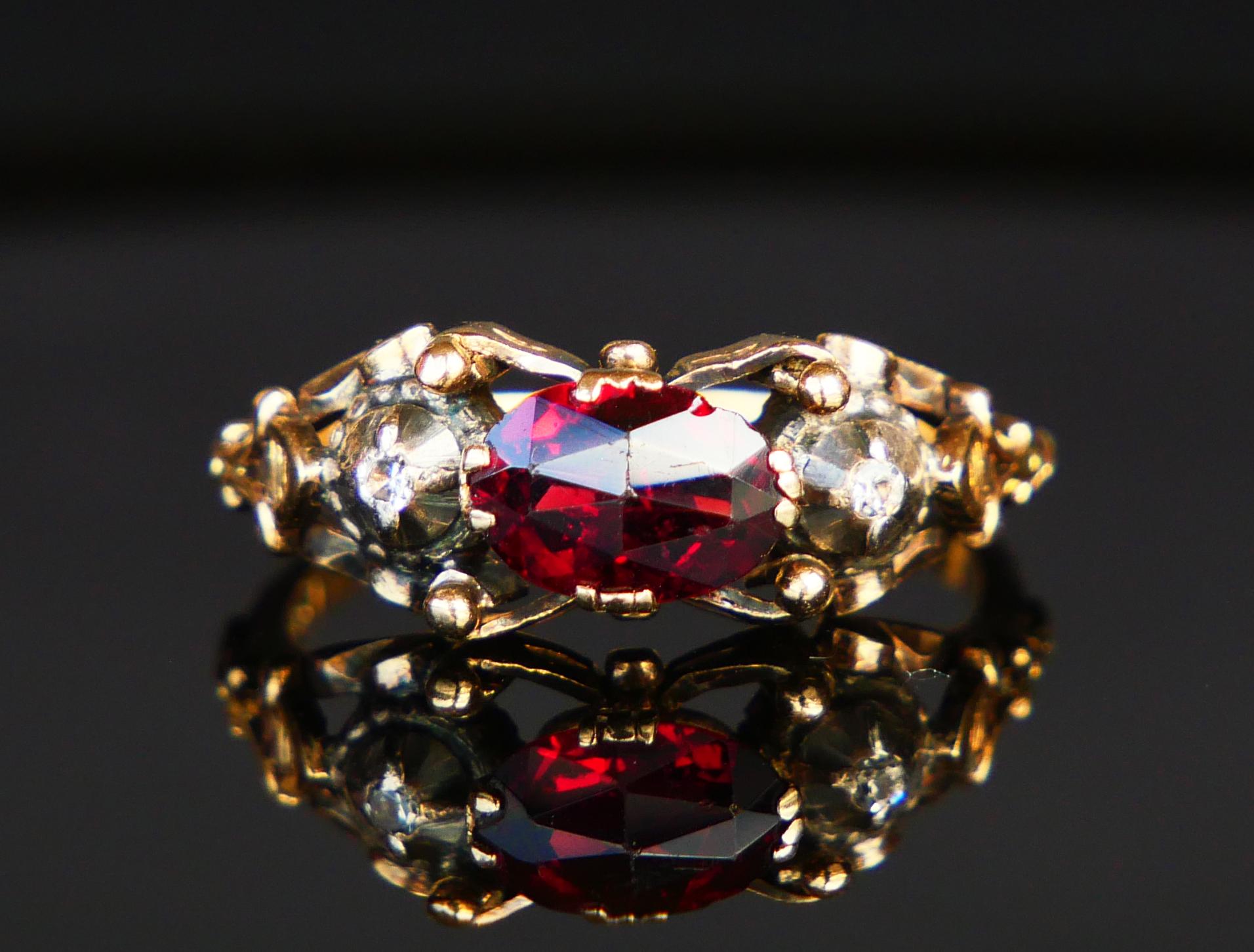 Art Nouveau Antique Ring Garnet Diamonds solid 18K Gold Silver ØUS6 / 3.28gr For Sale