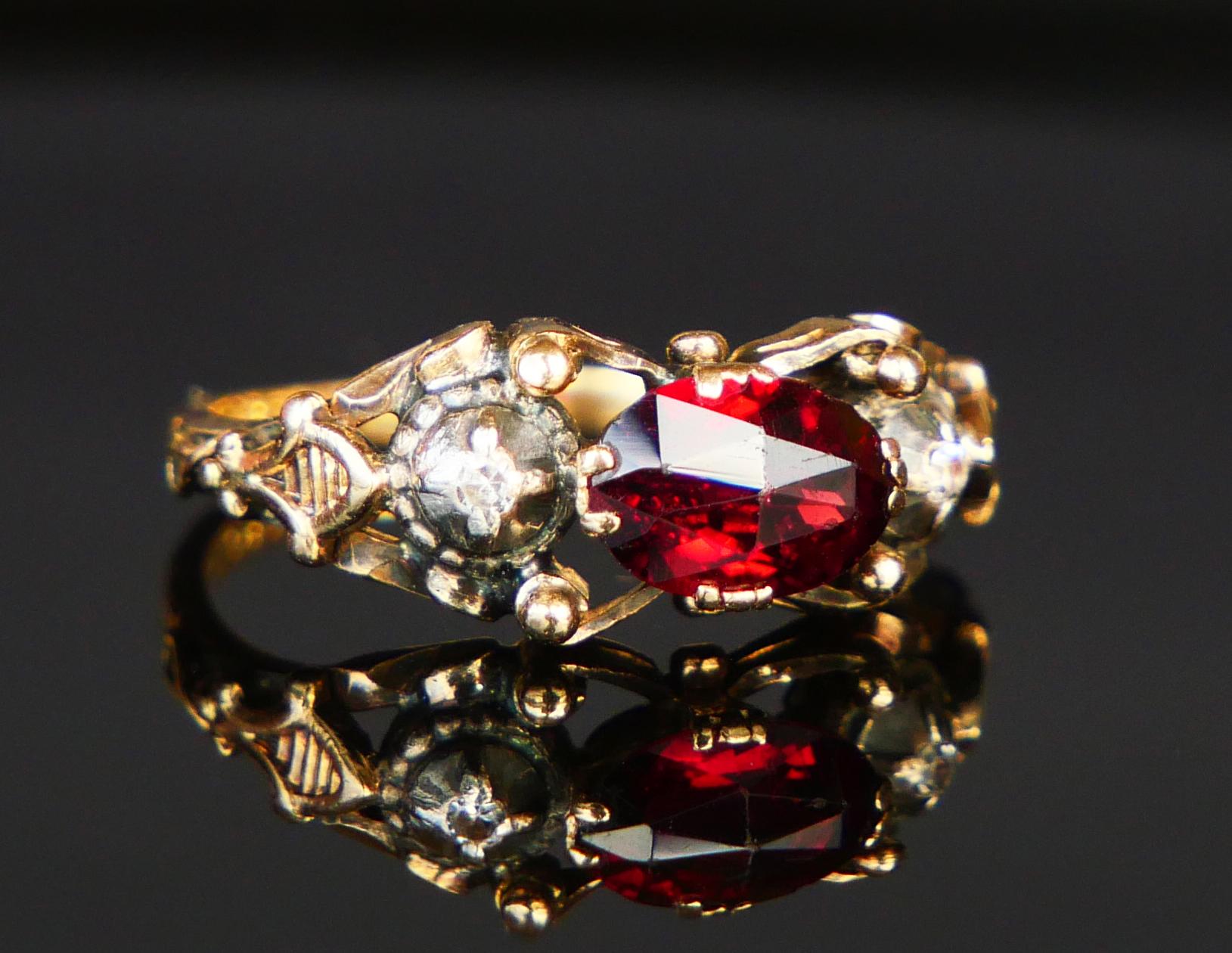 Rose Cut Antique Ring Garnet Diamonds solid 18K Gold Silver ØUS6 / 3.28gr For Sale