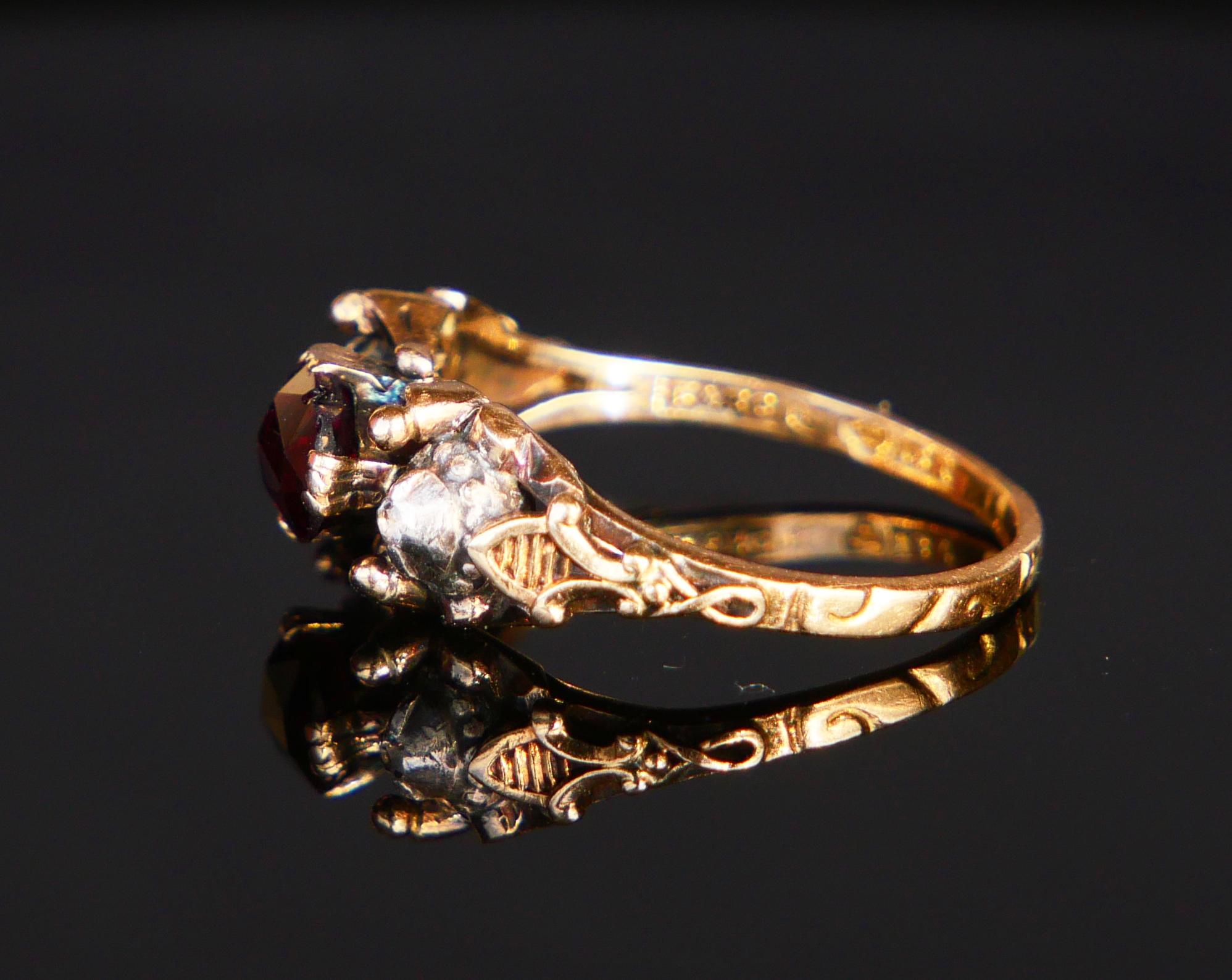 Antique Ring Garnet Diamonds solid 18K Gold Silver ØUS6 / 3.28gr For Sale 1