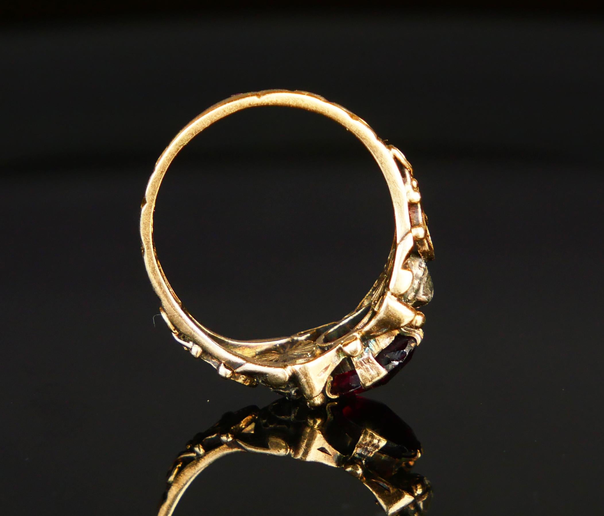 Antique Ring Garnet Diamonds solid 18K Gold Silver ØUS6 / 3.28gr For Sale 2