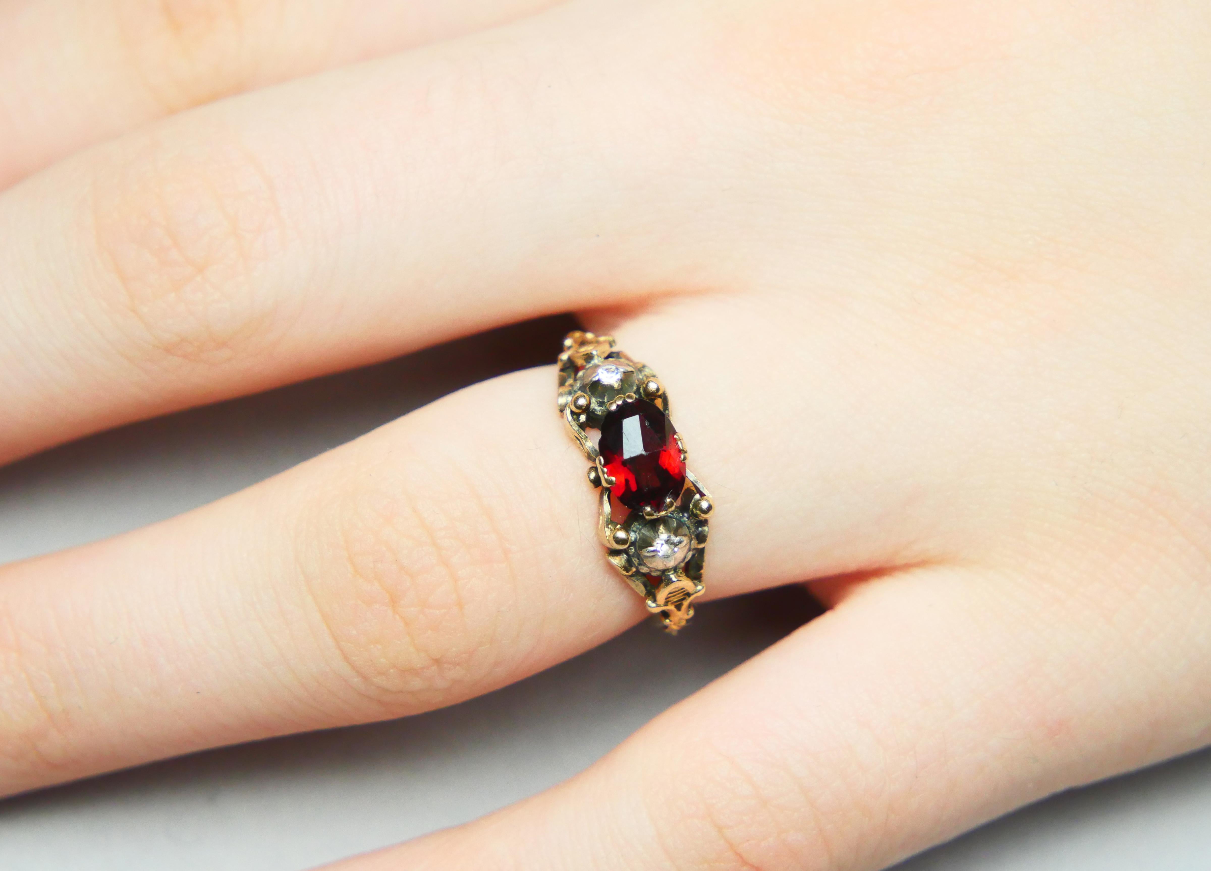 Antique Ring Garnet Diamonds solid 18K Gold Silver ØUS6 / 3.28gr For Sale 3