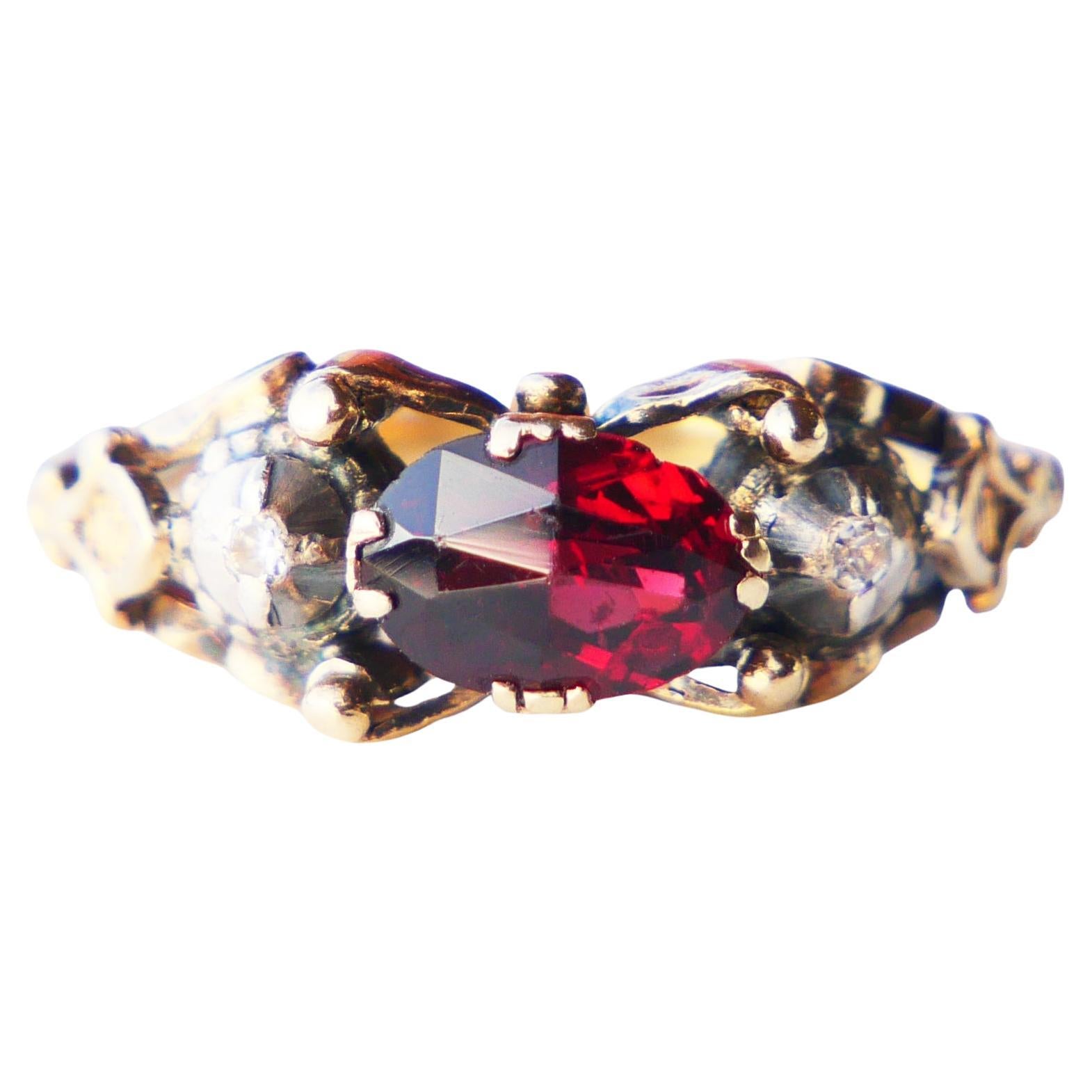 Antique Ring Garnet Diamonds solid 18K Gold Silver ØUS6 / 3.28gr