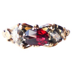 Antiker Ring Granat Diamanten massiv 18K Gold Silber ØUS6 / 3.28gr