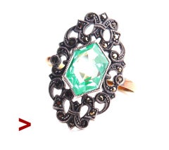 Antiker Ring Grüner Spinell massiv 18K Gold Silber Ø 7.5US /3.6 gr