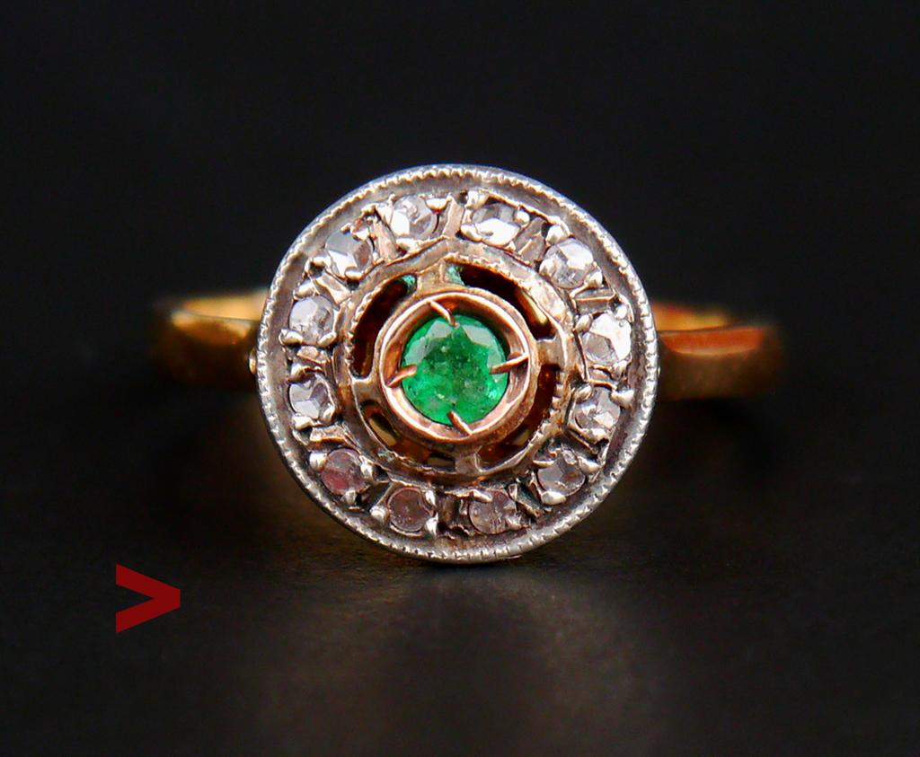 Beautiful Emerald and Diamonds halo Ring set in solid 14 ct Greenish Yellow Gold. 

Ca. early XX cent, likely German or Danish, it was in possession of a Danish /German family for long time.

Hallmarked 585, no other marks

Natural Ø 3.5 mm /0.2 ct