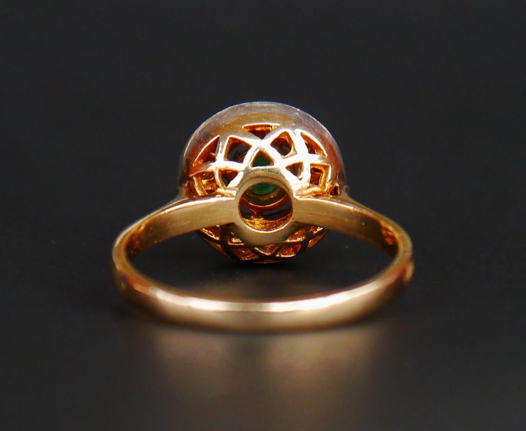 Old European Cut Antique Ring Halo Emerald Diamonds solid 14K Gold Silver ØUS 8.25 / 3.6 gr For Sale