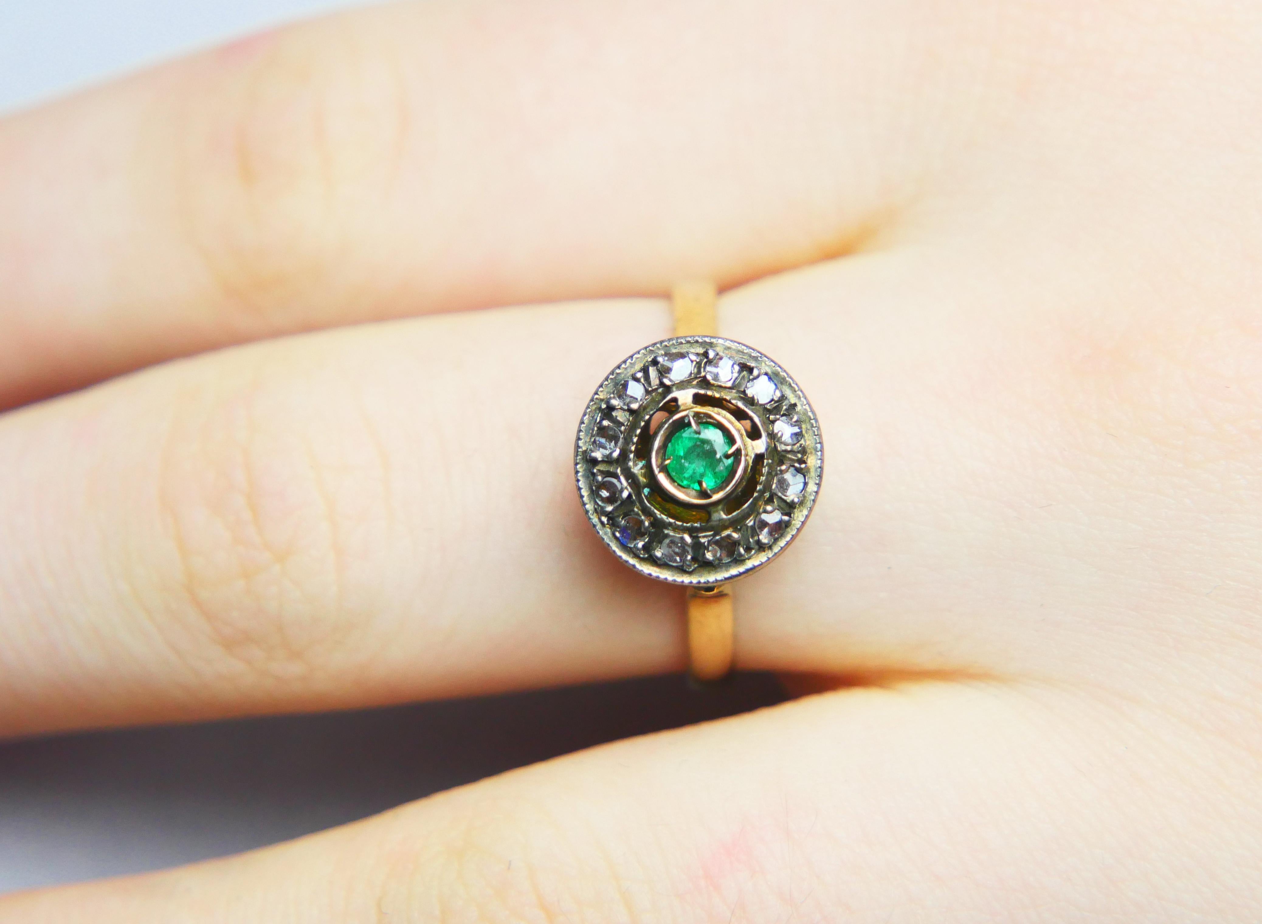 Antique Ring Halo Emerald Diamonds solid 14K Gold Silver ØUS 8.25 / 3.6 gr For Sale 1