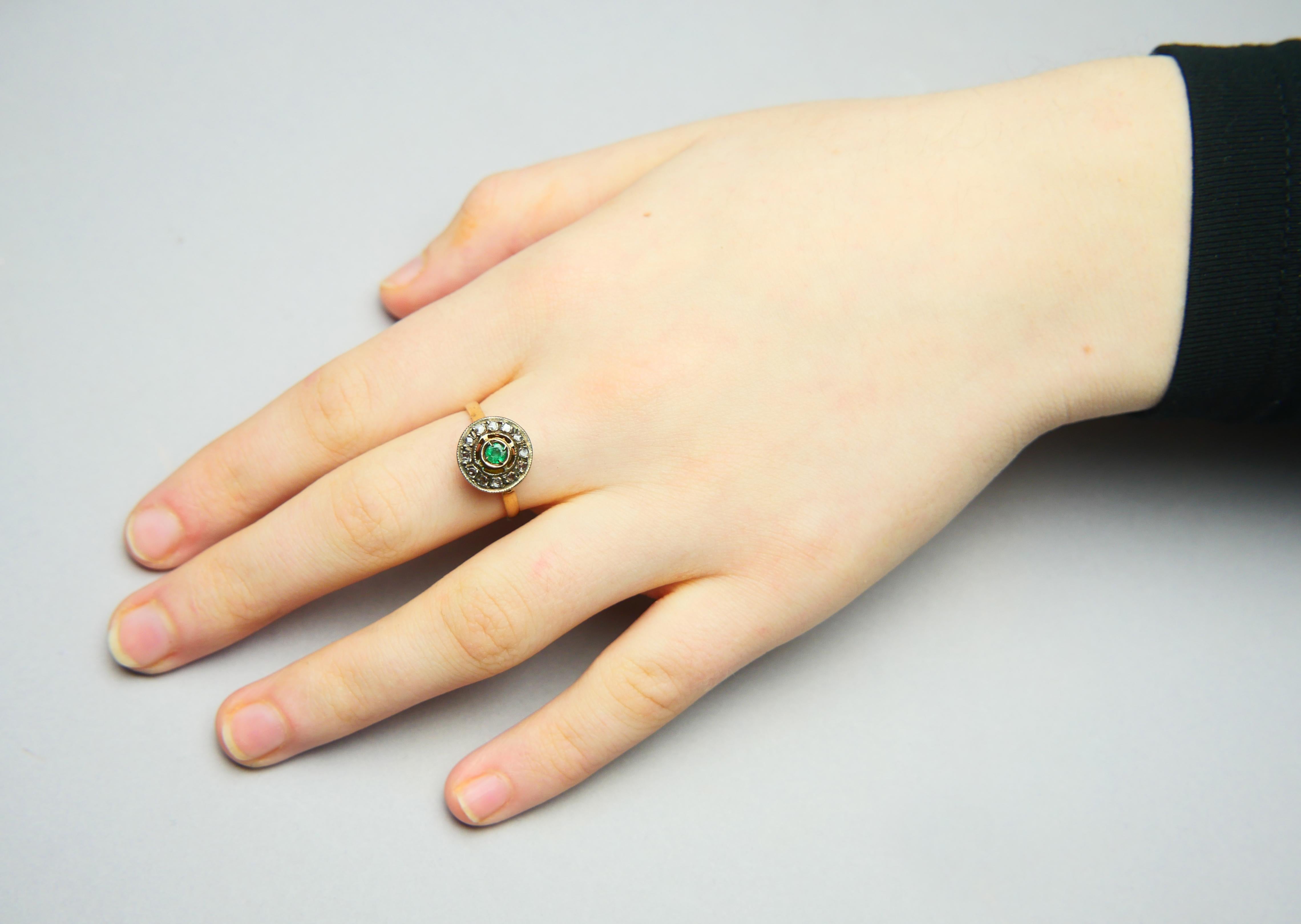 Antique Ring Halo Emerald Diamonds solid 14K Gold Silver ØUS 8.25 / 3.6 gr For Sale 2