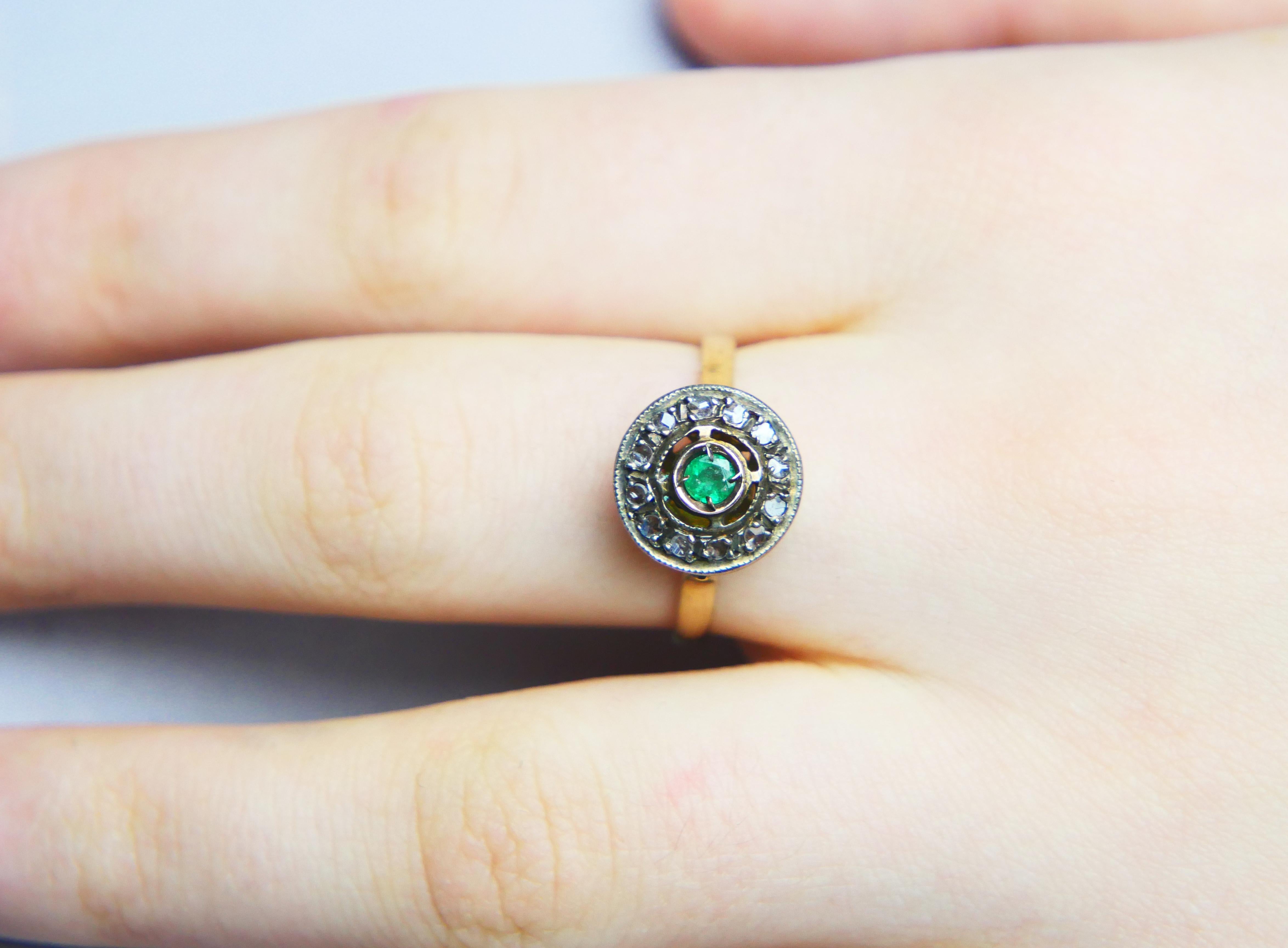 Antique Ring Halo Emerald Diamonds solid 14K Gold Silver ØUS 8.25 / 3.6 gr For Sale 4