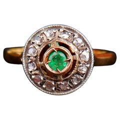 Vintage Ring Halo Emerald Diamonds solid 14K Gold Silver ØUS 8.25 / 3.6 gr