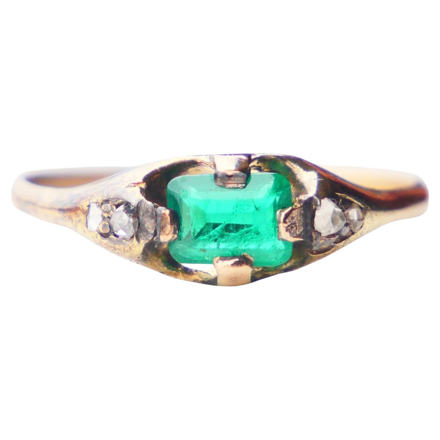 Antique Ring natural 0.4 ct Emerald Diamonds solid 18K Gold Ø US5 / 2gr