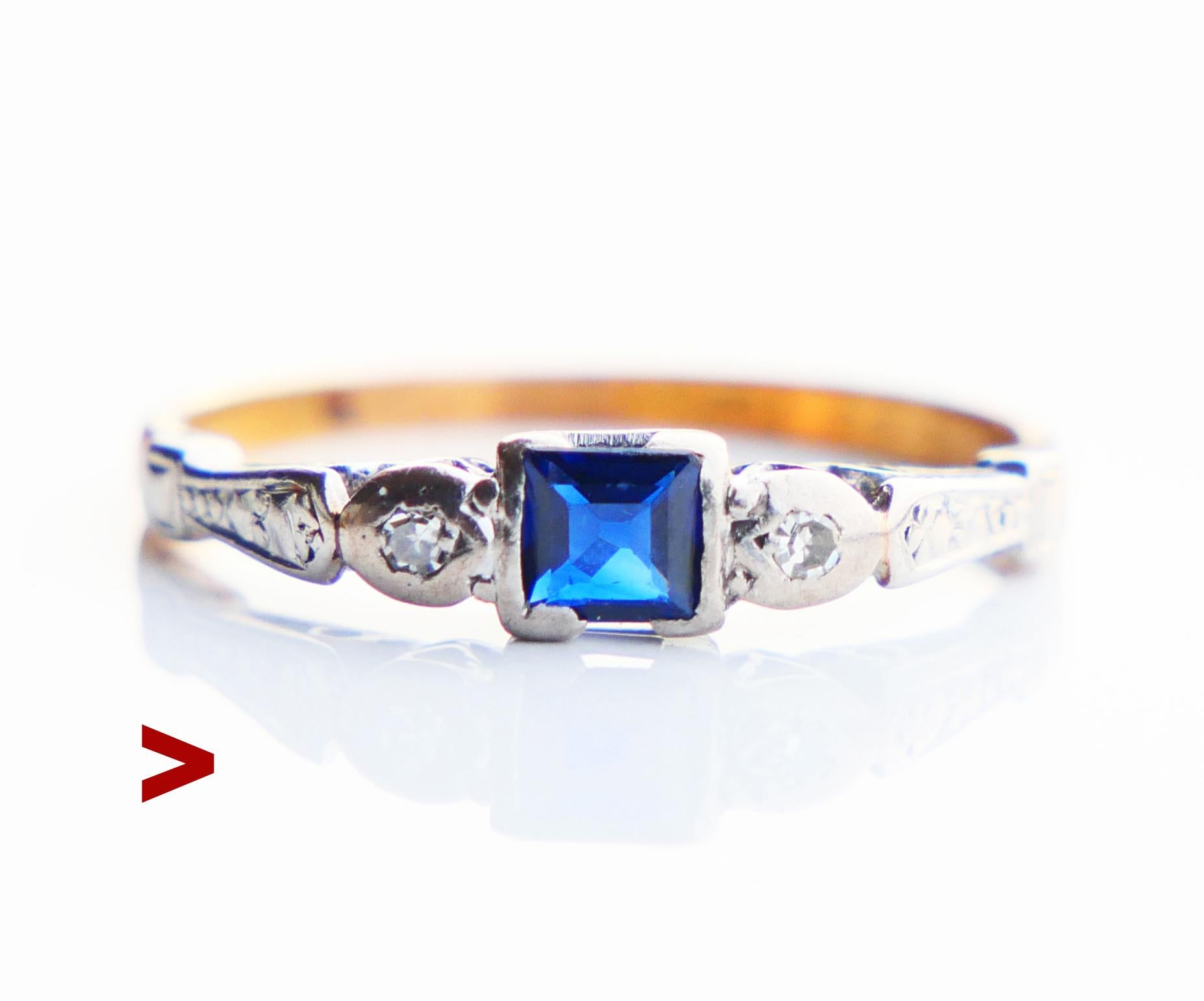Three - stones Ring with bezel set natural Blue Sapphire stone square cut 4 mm x 4 mm x 1.8 mm deep / ca. 0.5 ct. and two prong set old diamond cut natural Diamonds Ø 2 mm / ca. 0.06ct each / F,G / VS. Sapphire is natural of Blue color of medium