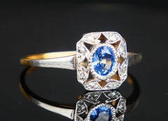 Antique Ring natural 0.5ct Sapphire Diamonds 18K Gold Platinum ØUS7.5 /2.3gr