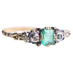Antique Ring natural 0.75ct Emerald Diamonds solid 18K Gold Silver ØUS12/ 2.35gr