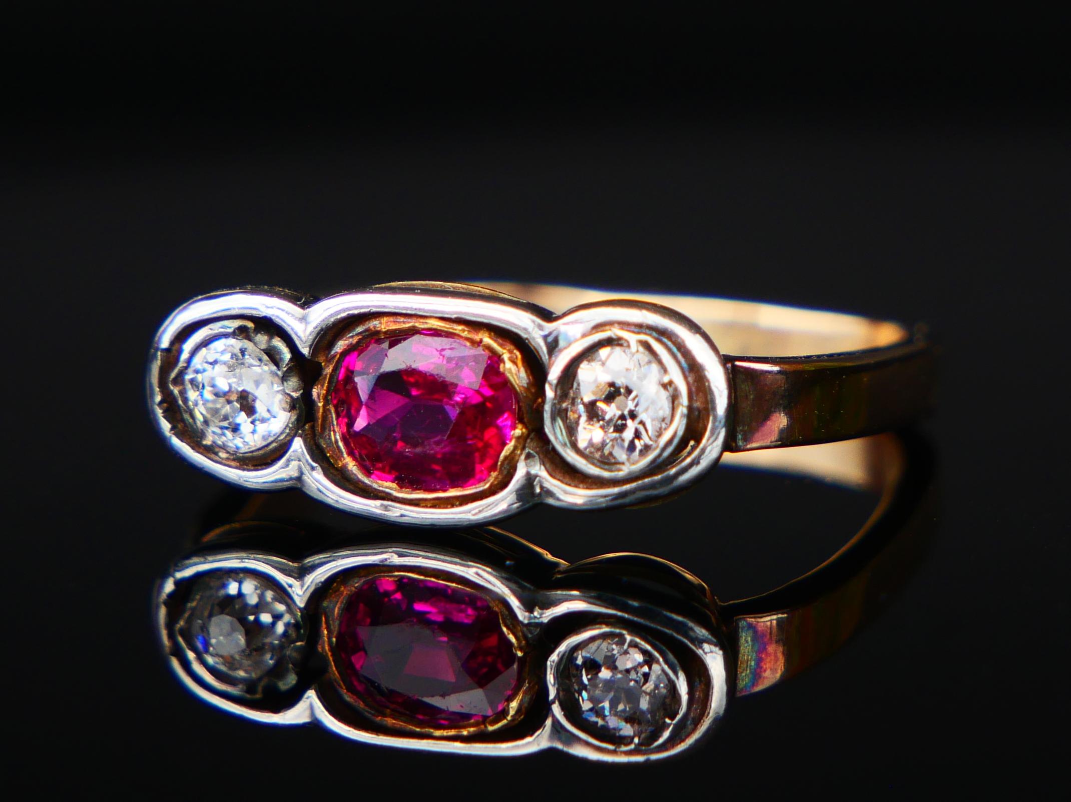 Antiker Ring natürlich 0.75ct Rubin 0.3ctw Diamanten massiv 18K Gold ØUS6.25 /3.1 gr (Art déco) im Angebot