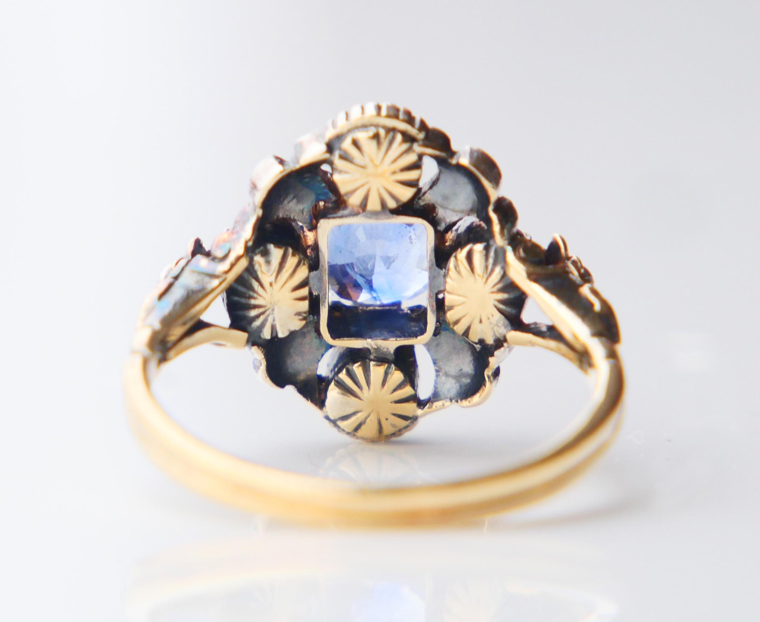 Antique Ring natural 0.85ct Sapphire 0.8ctw Diamonds 18K Gold Silver Ø6.5US/4.3g For Sale 5
