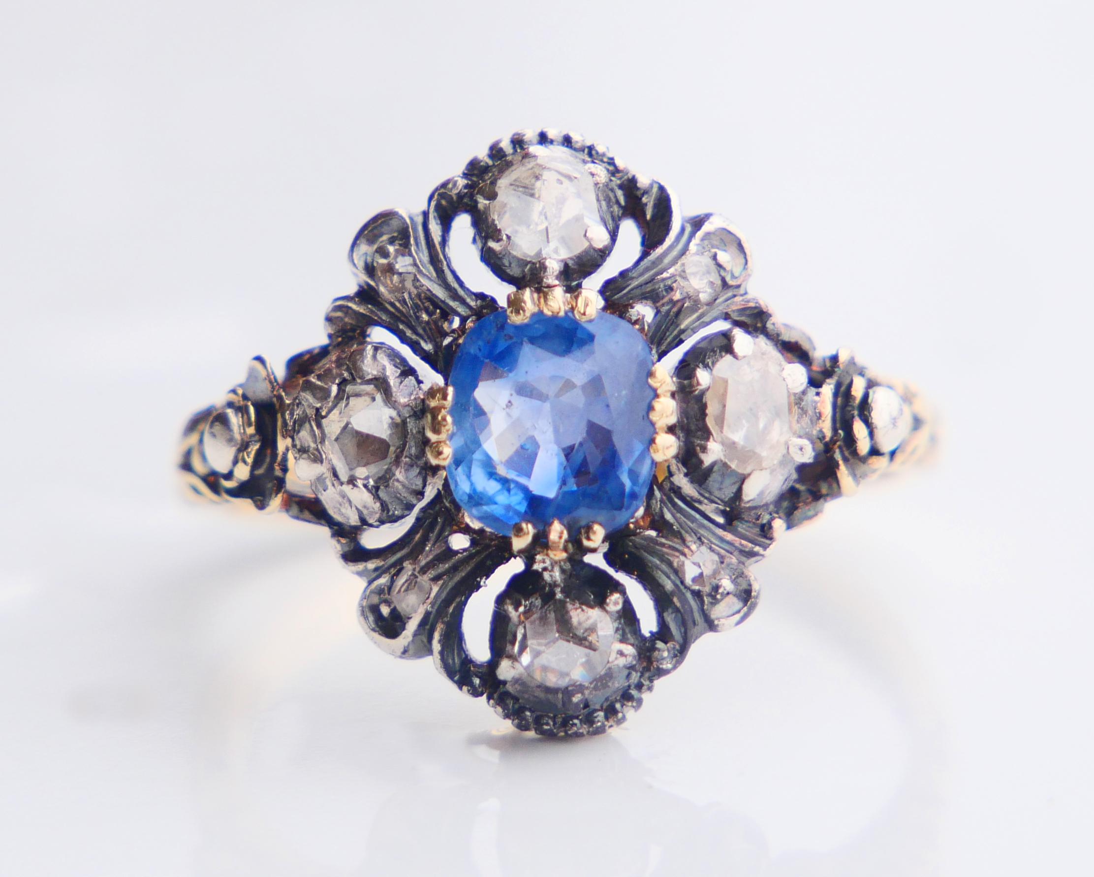 Antique Ring natural 0.85ct Sapphire 0.8ctw Diamonds 18K Gold Silver Ø6.5US/4.3g For Sale 7