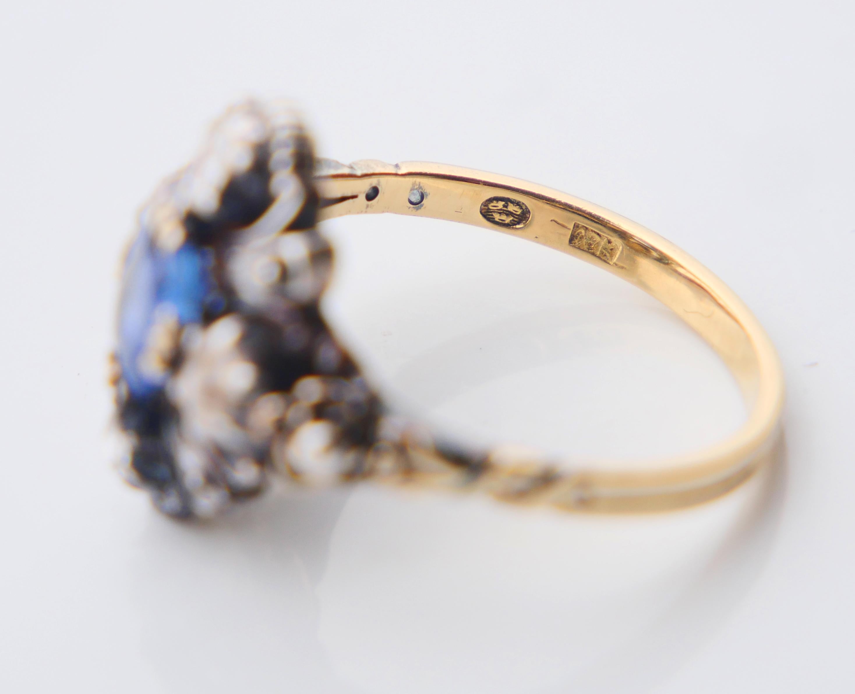 Antique Ring natural 0.85ct Sapphire 0.8ctw Diamonds 18K Gold Silver Ø6.5US/4.3g For Sale 8