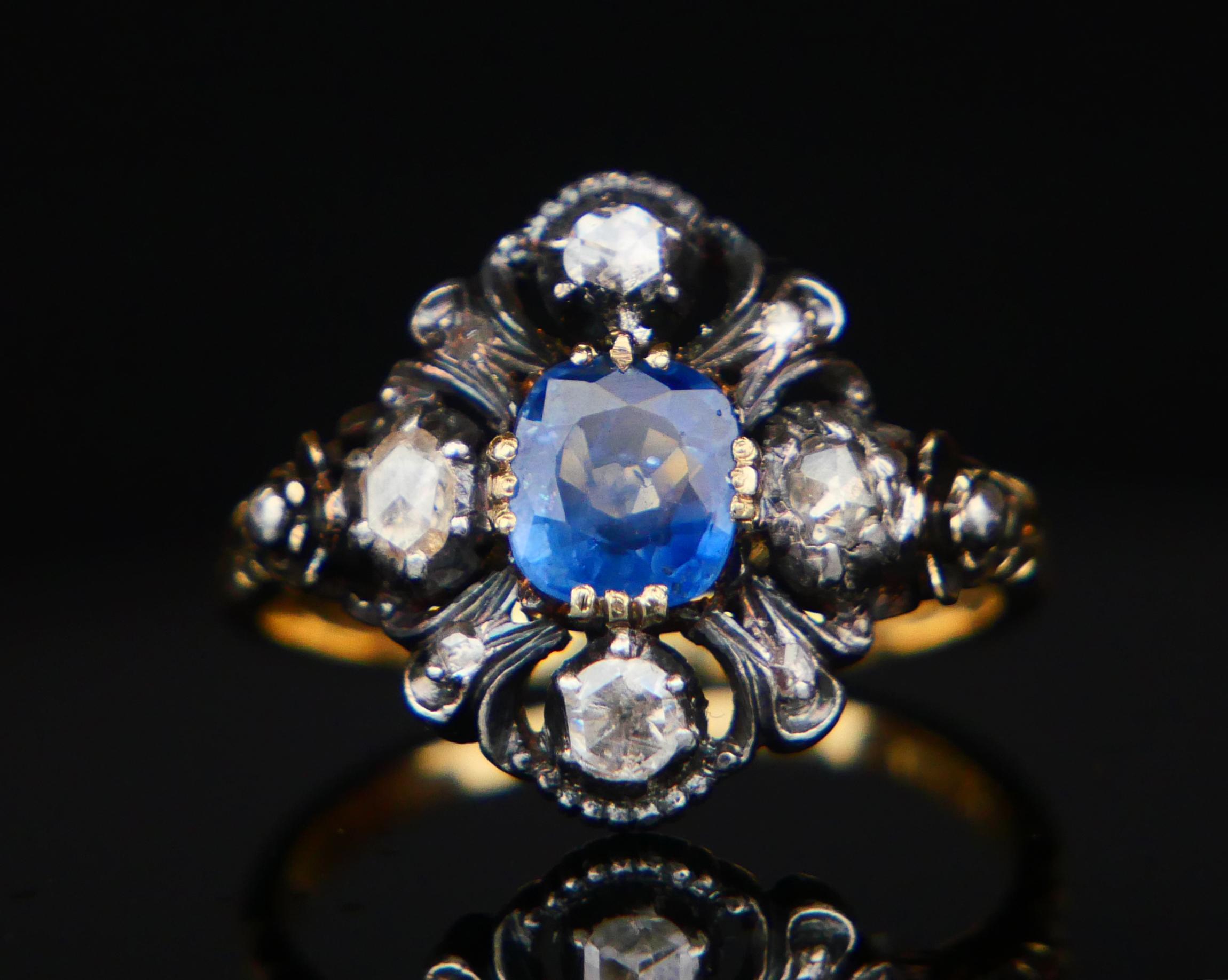 Art Deco Antique Ring natural 0.85ct Sapphire 0.8ctw Diamonds 18K Gold Silver Ø6.5US/4.3g For Sale