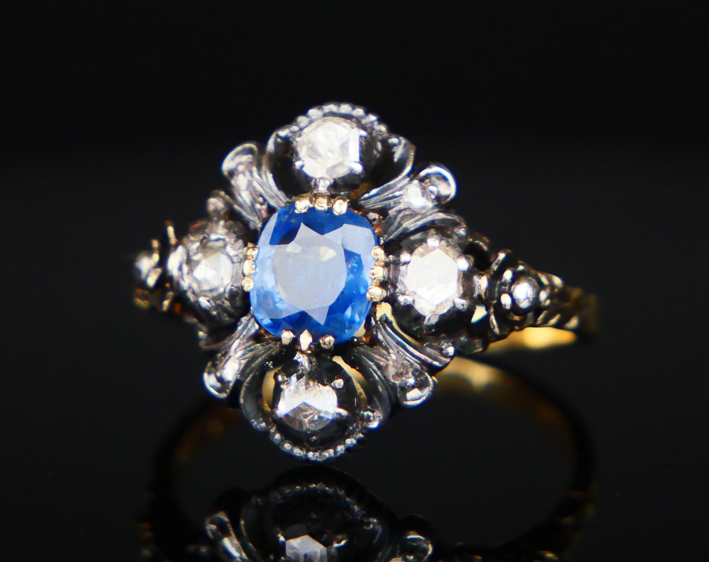 Old European Cut Antique Ring natural 0.85ct Sapphire 0.8ctw Diamonds 18K Gold Silver Ø6.5US/4.3g For Sale