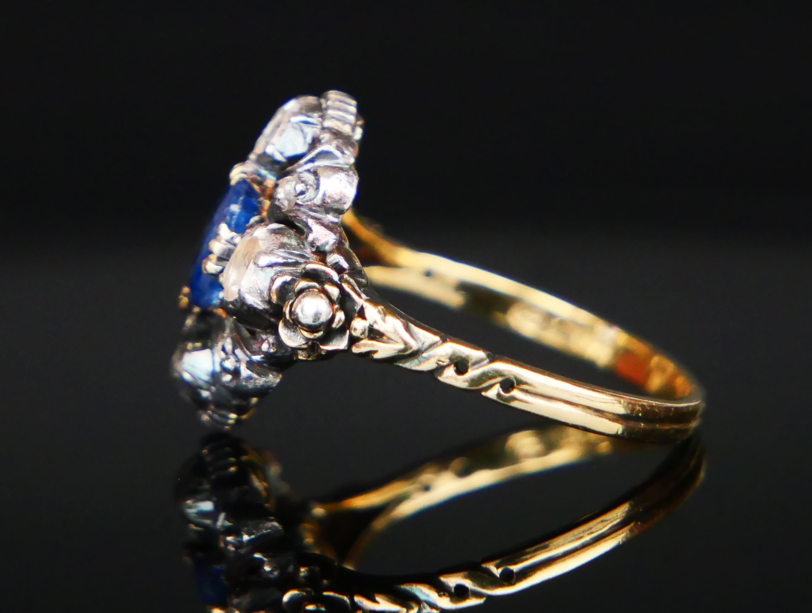 Antique Ring natural 0.85ct Sapphire 0.8ctw Diamonds 18K Gold Silver Ø6.5US/4.3g For Sale 1