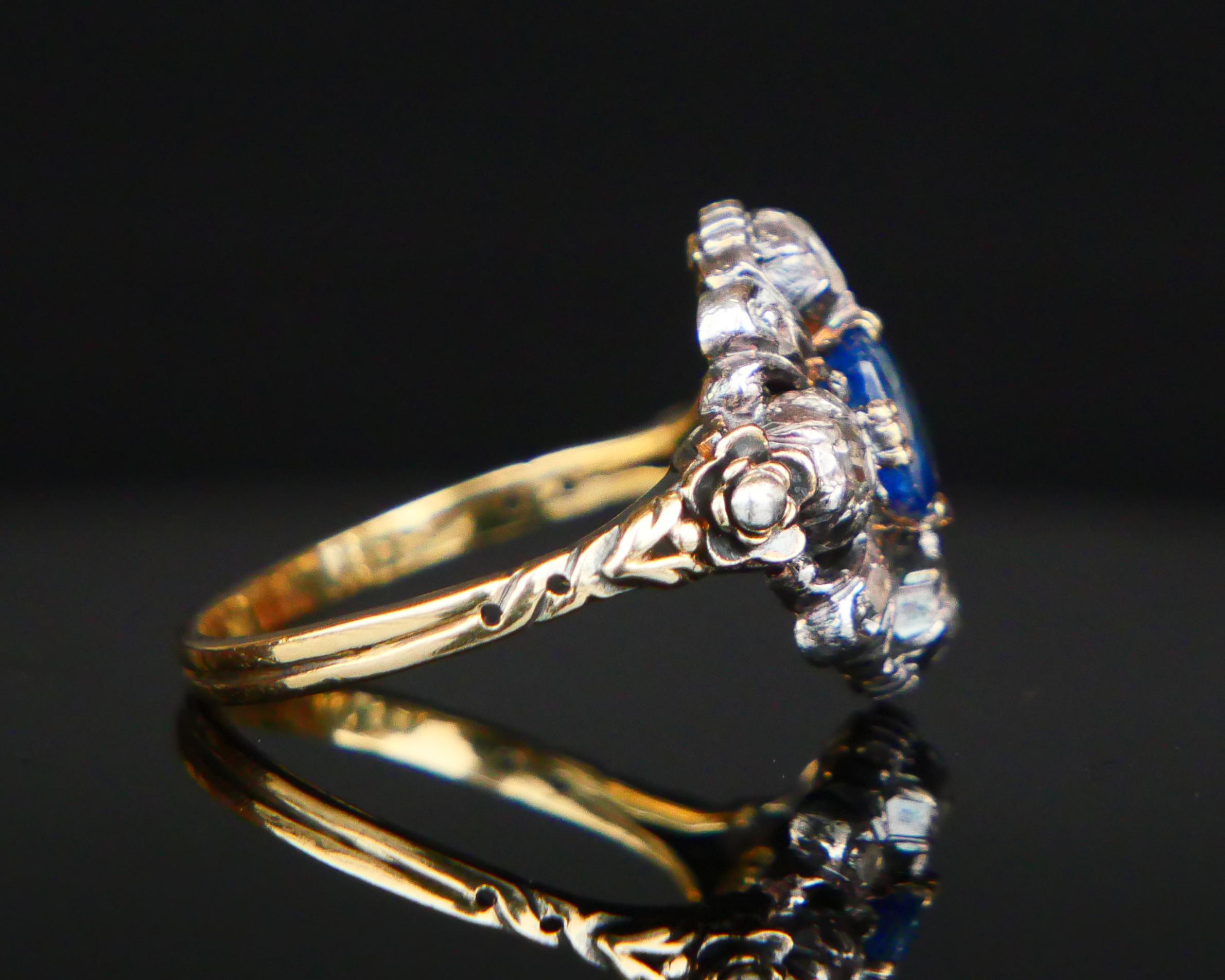 Antique Ring natural 0.85ct Sapphire 0.8ctw Diamonds 18K Gold Silver Ø6.5US/4.3g For Sale 2