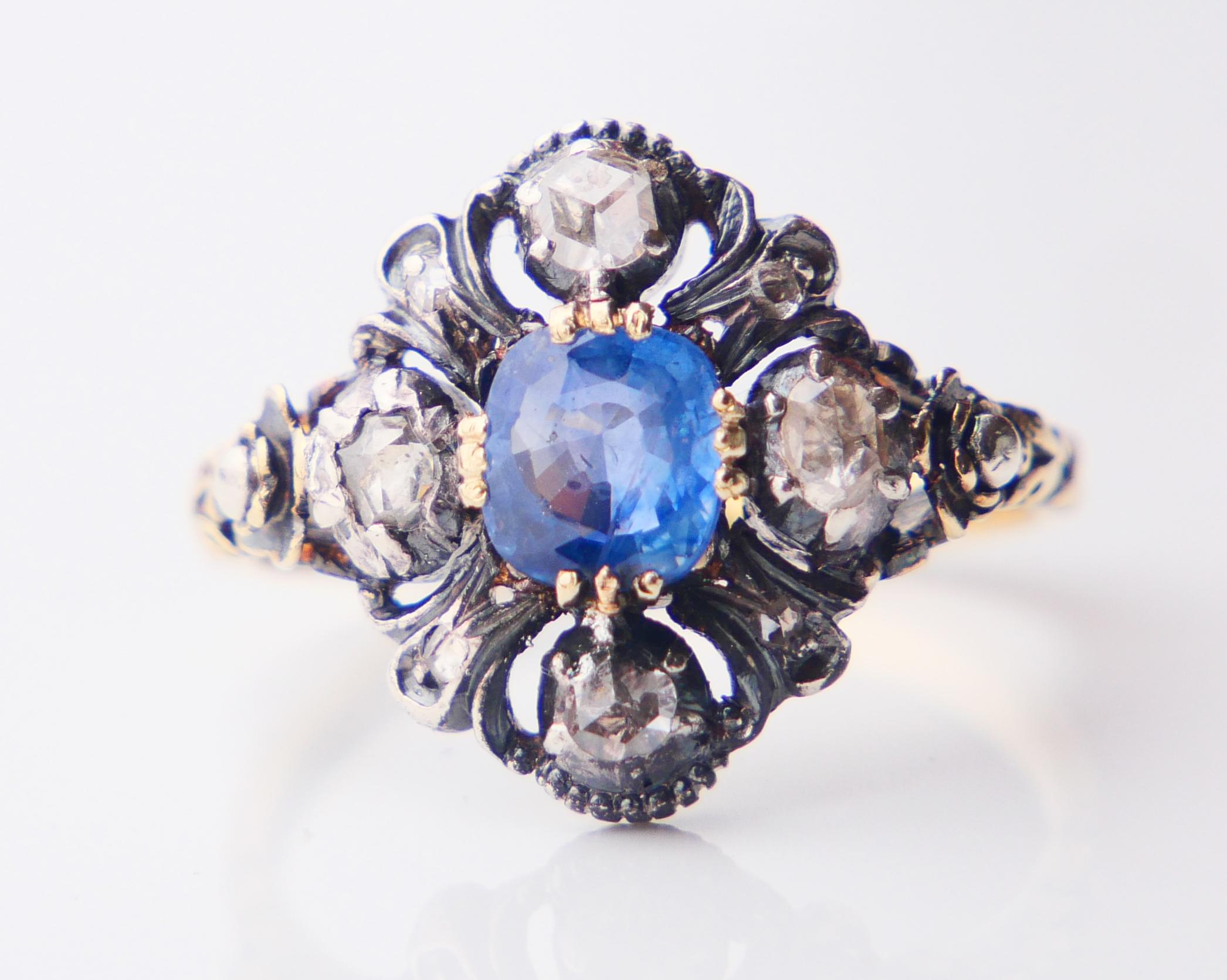 Antique Ring natural 0.85ct Sapphire 0.8ctw Diamonds 18K Gold Silver Ø6.5US/4.3g For Sale 3